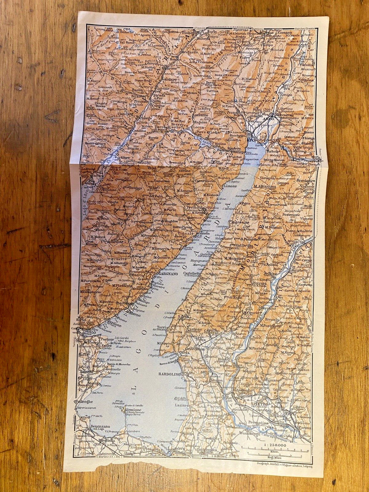 Lake Garda Italy 6″x11″ tinted 1913 tourist map Brescia Verona Trentino
