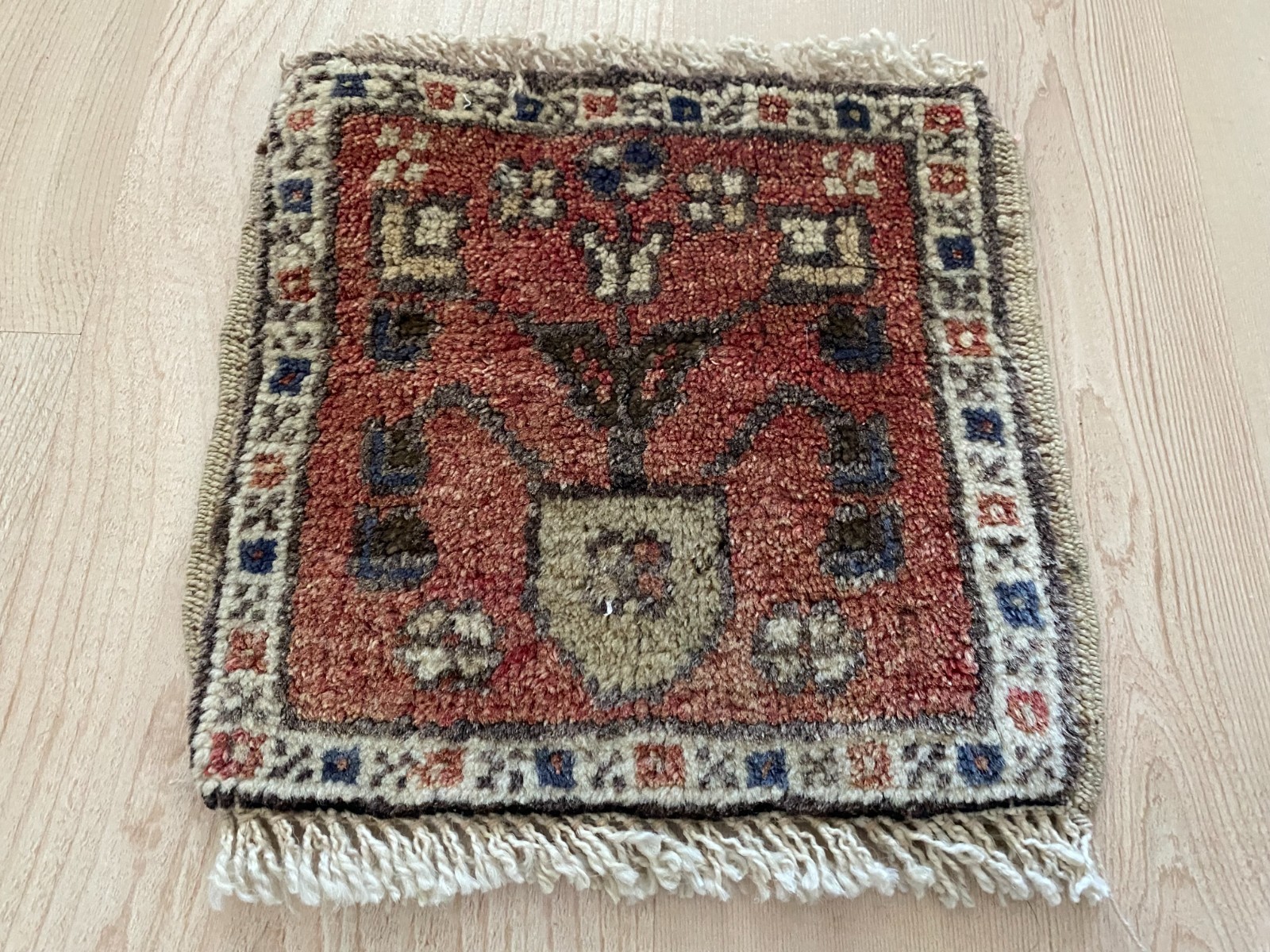 Mini Anatolian Folk Tree Motif Rug 0.8×0.9 ft Handwoven Wool Carpet