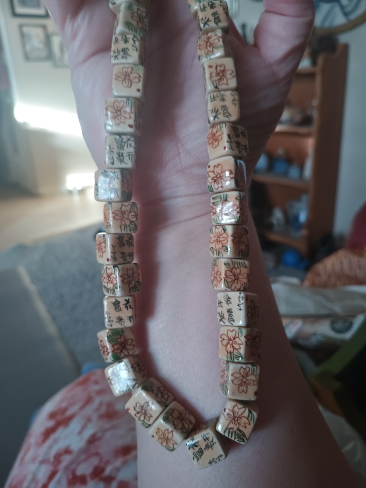 39 Vintage Porcelain Chinese Bead Pink Green Flowers Gold w/Chinese Writing