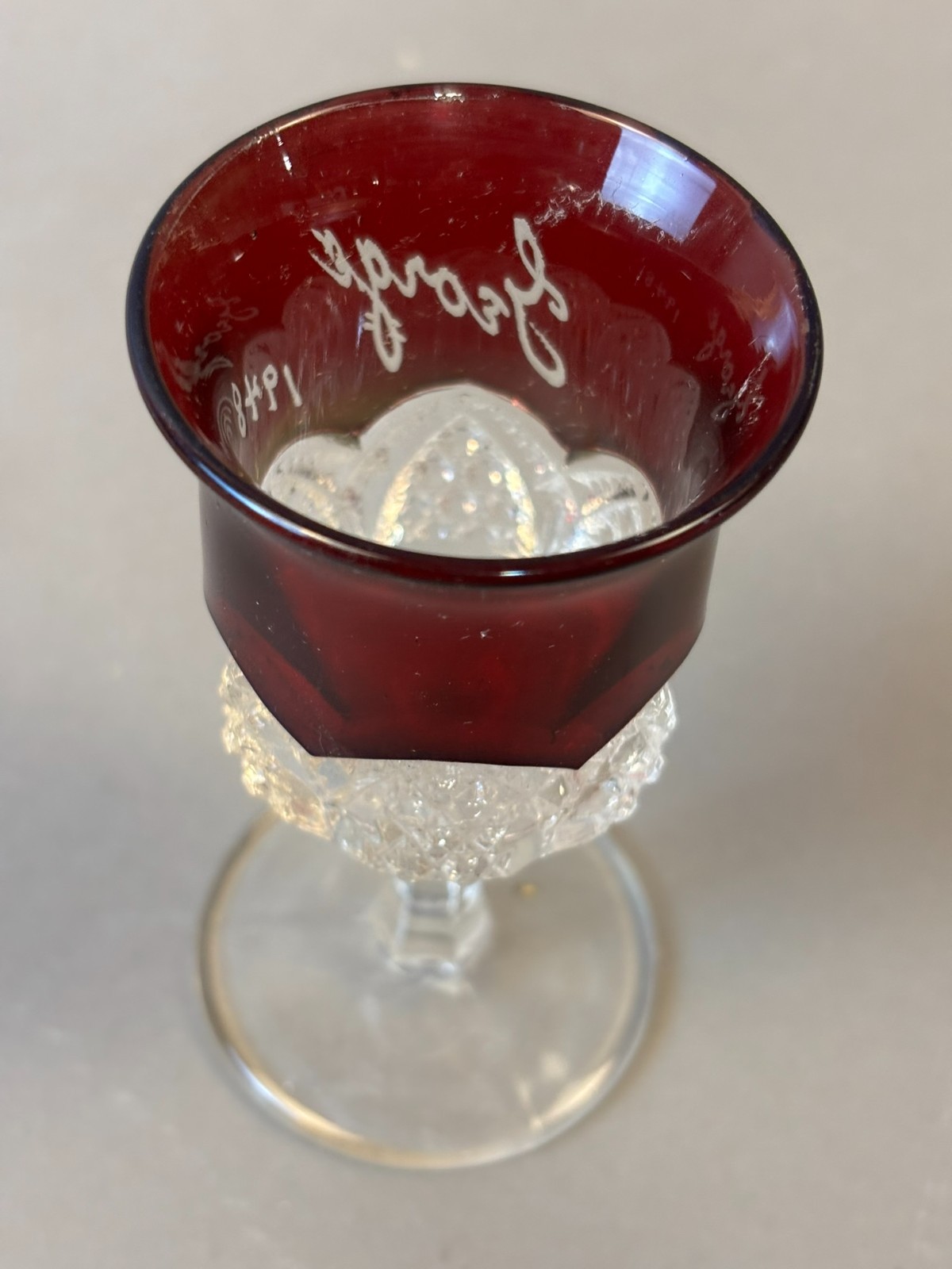 #1267 Antique GEORGE 1948 Ruby Red Flash Souvenir Glass CUT GLASS GOBLET