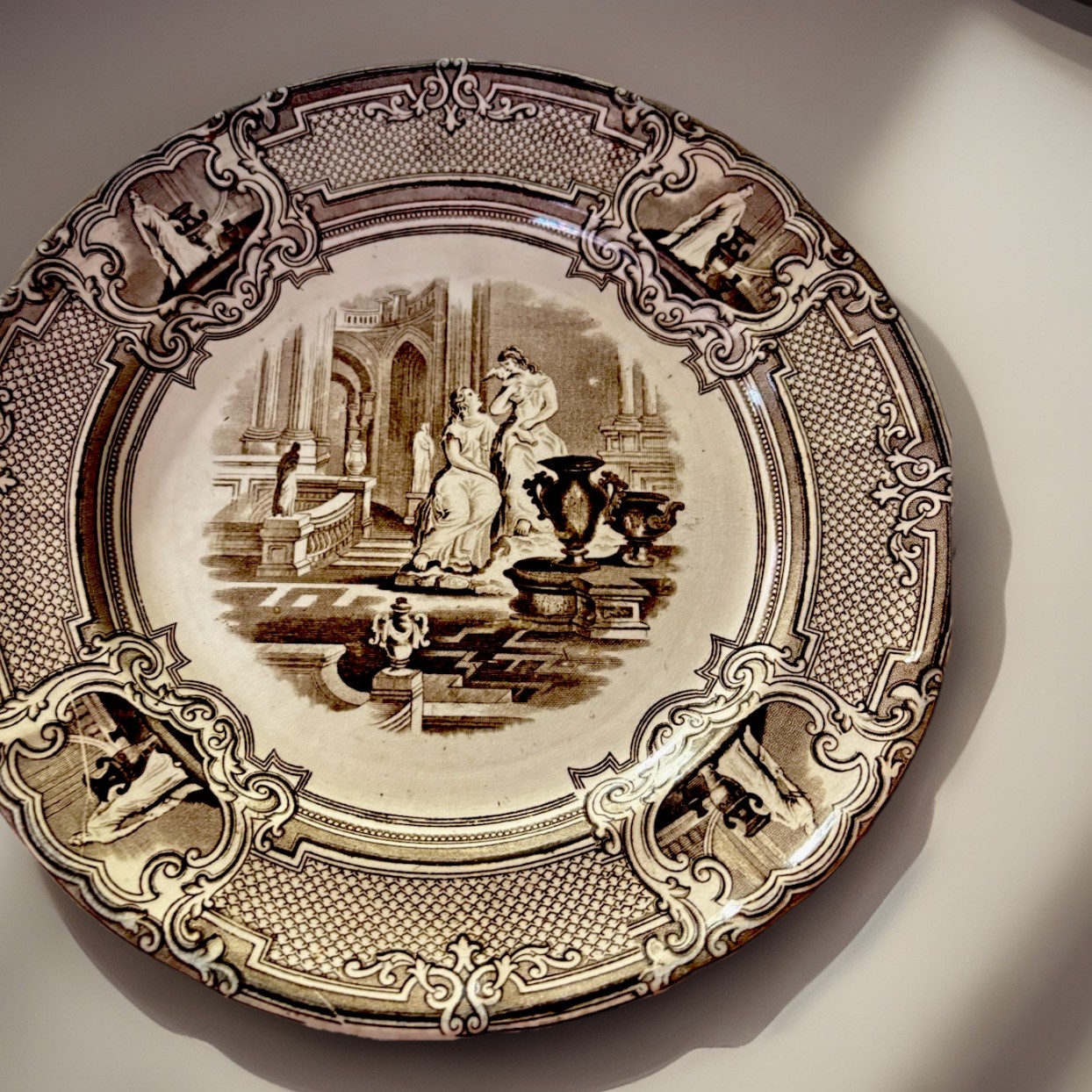 1852 Antique ATHENA PLATE brown transferware Marple Turner goddess vtg