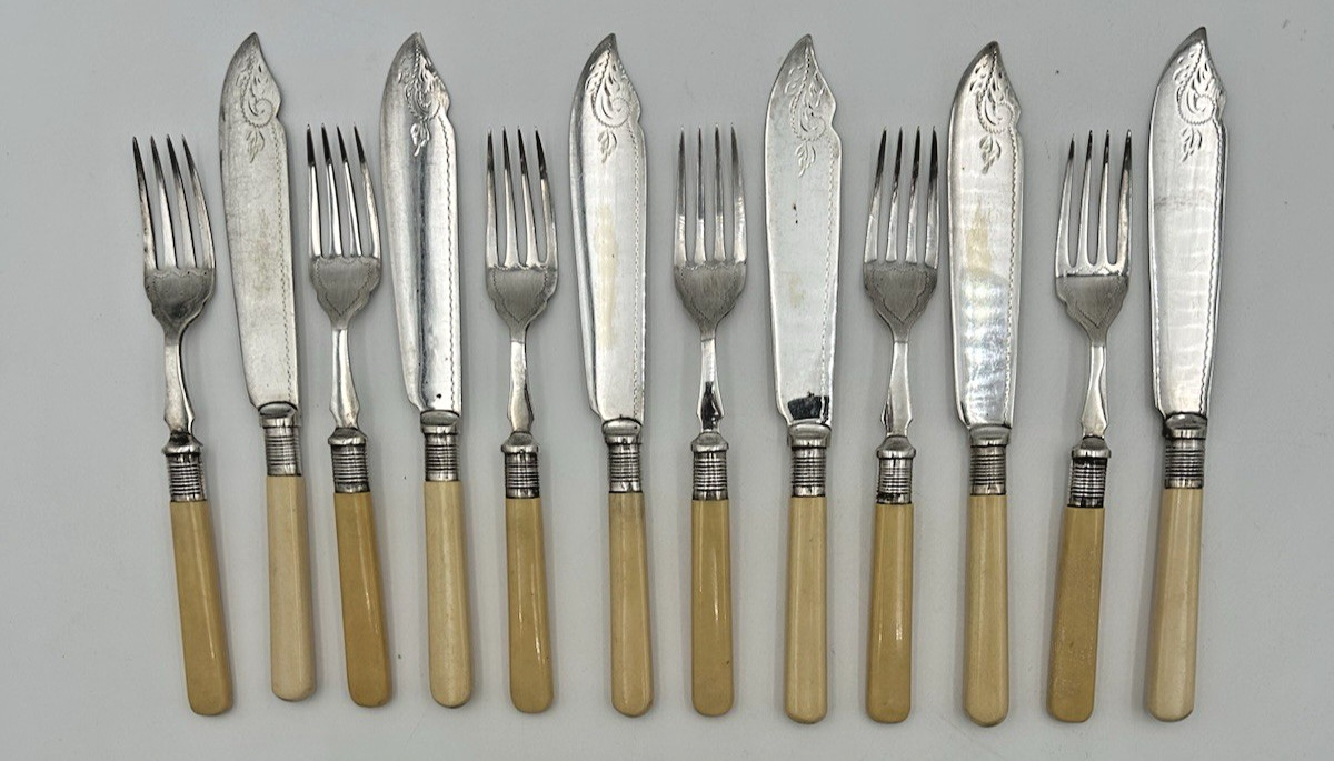 Vintage Silver Plate Fish Knife & Fork Set 12 Piece Ivory Celluloid Handles