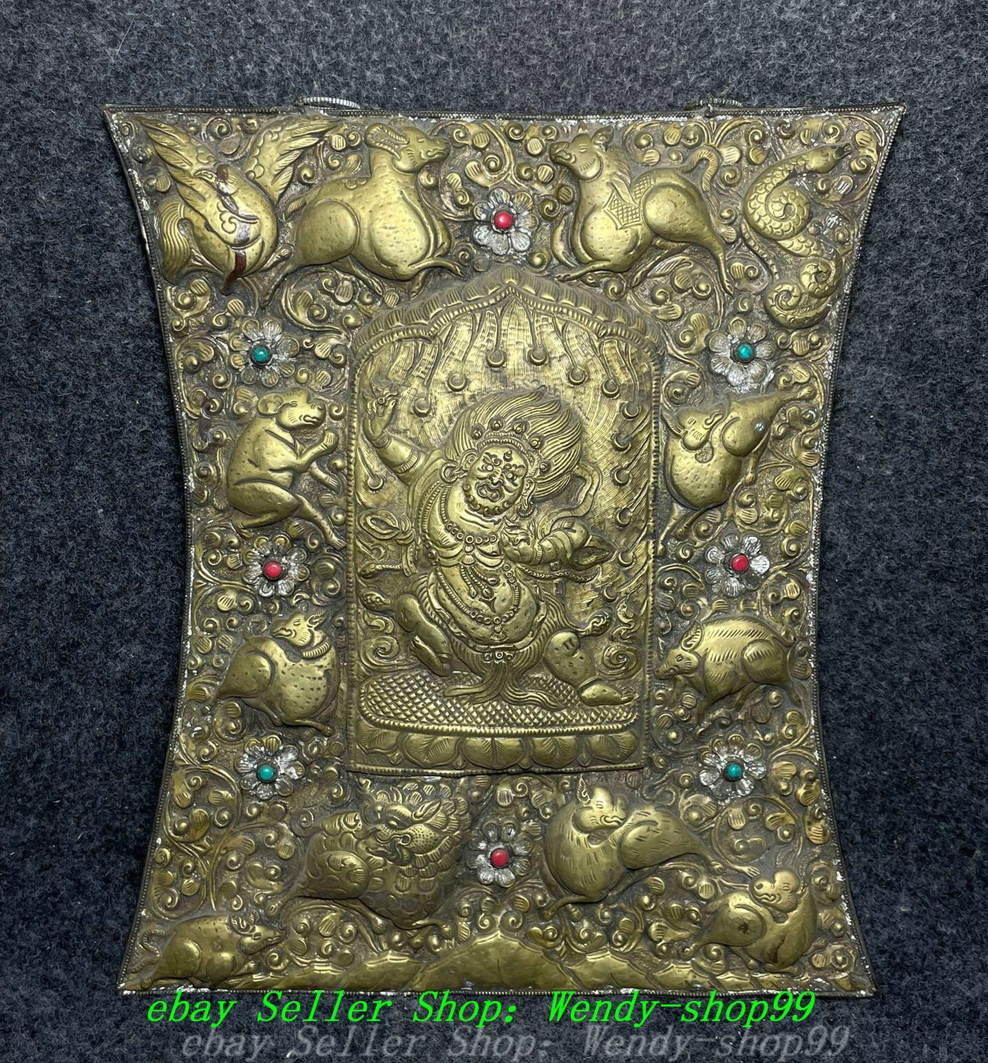 Old Tibet Copper Gilt Gems Mahakala Wrathful Deity Buddha Tang Ka Wall hanging