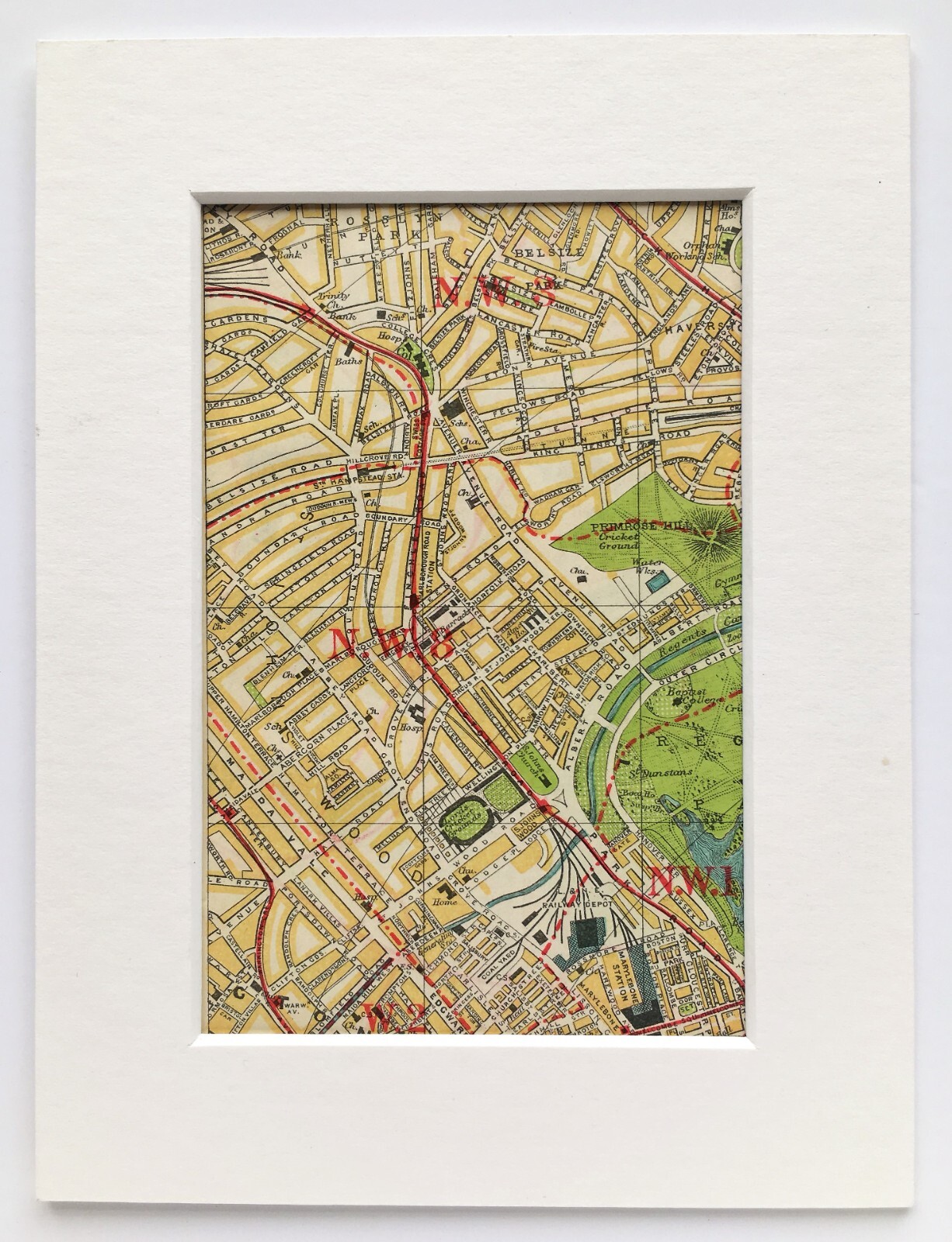 Antique 1930s London Map – Mounted – Colour – ST JOHNS WOOD, REGENTS PARK – 14