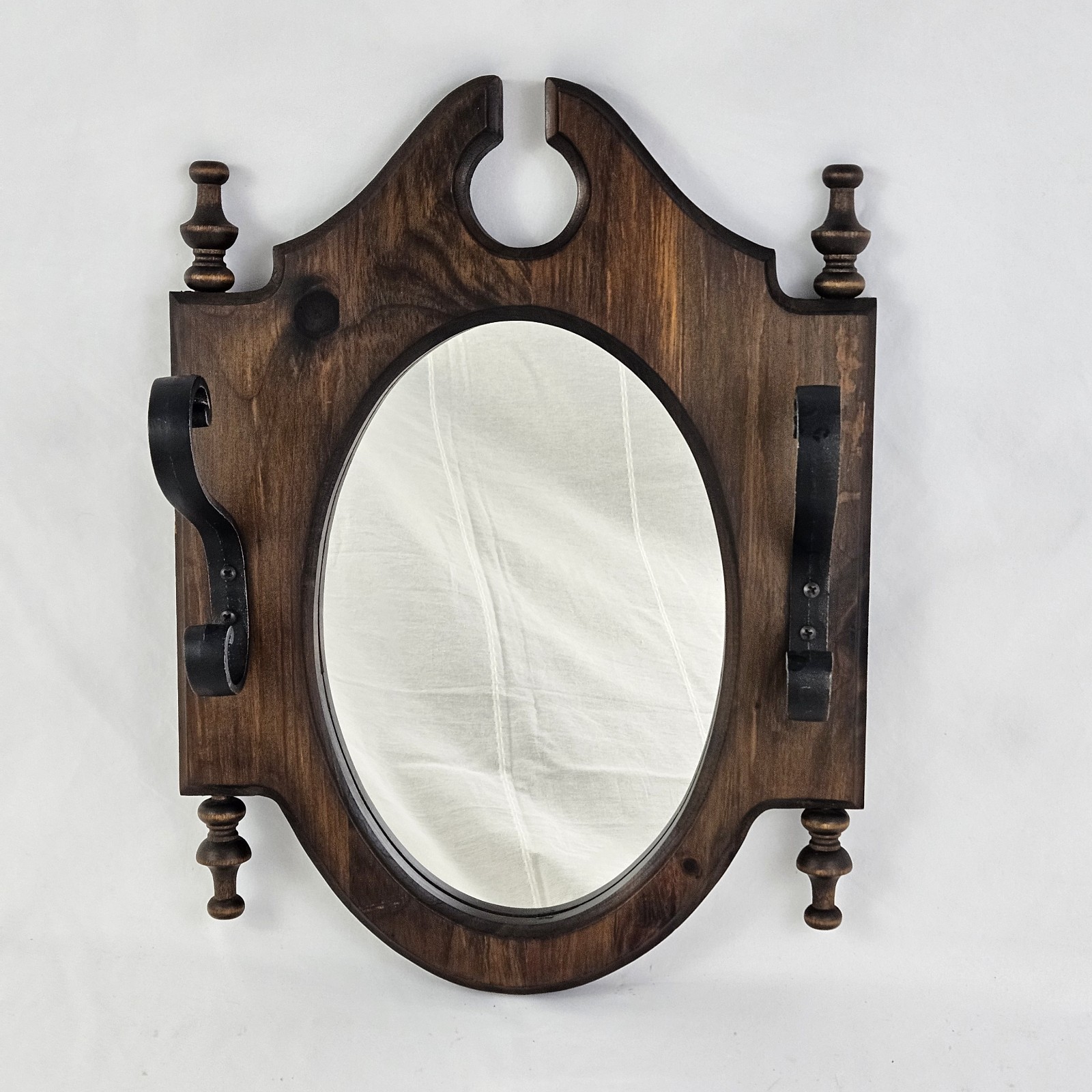 Vintage Wooden Hall Tree Mirror Entryway Wrought Iron Hat Rack Colonial Federal