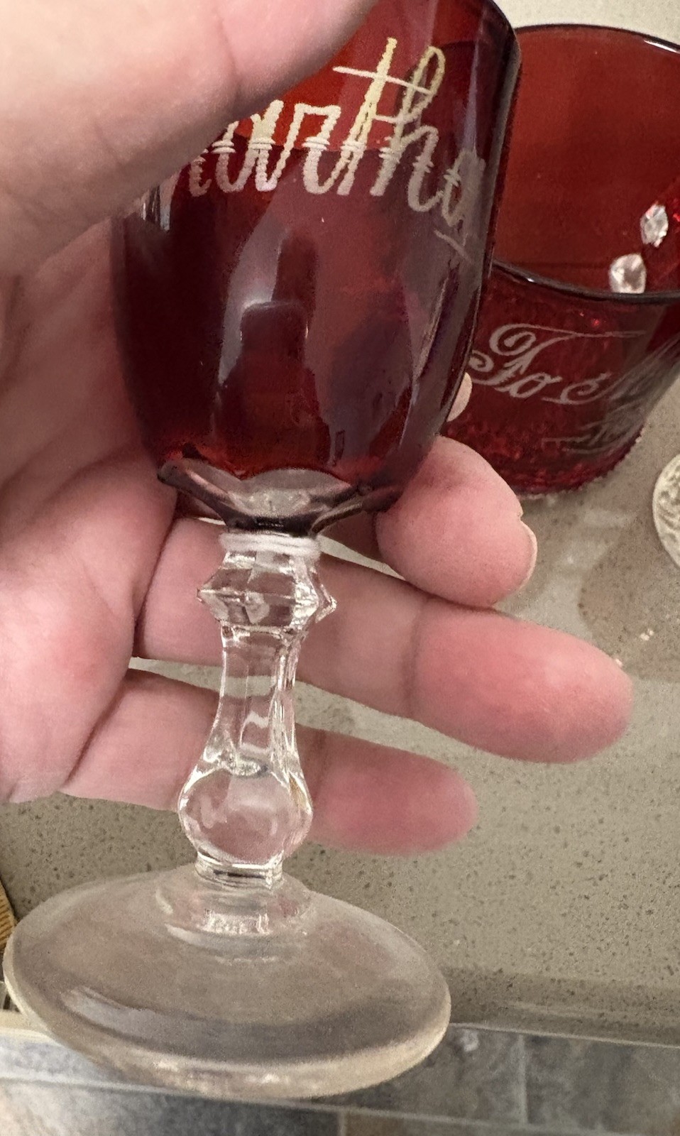 Lot 3 Ruby Glassware Etched Mother Martha Aunt RARE Small VICTORIAN