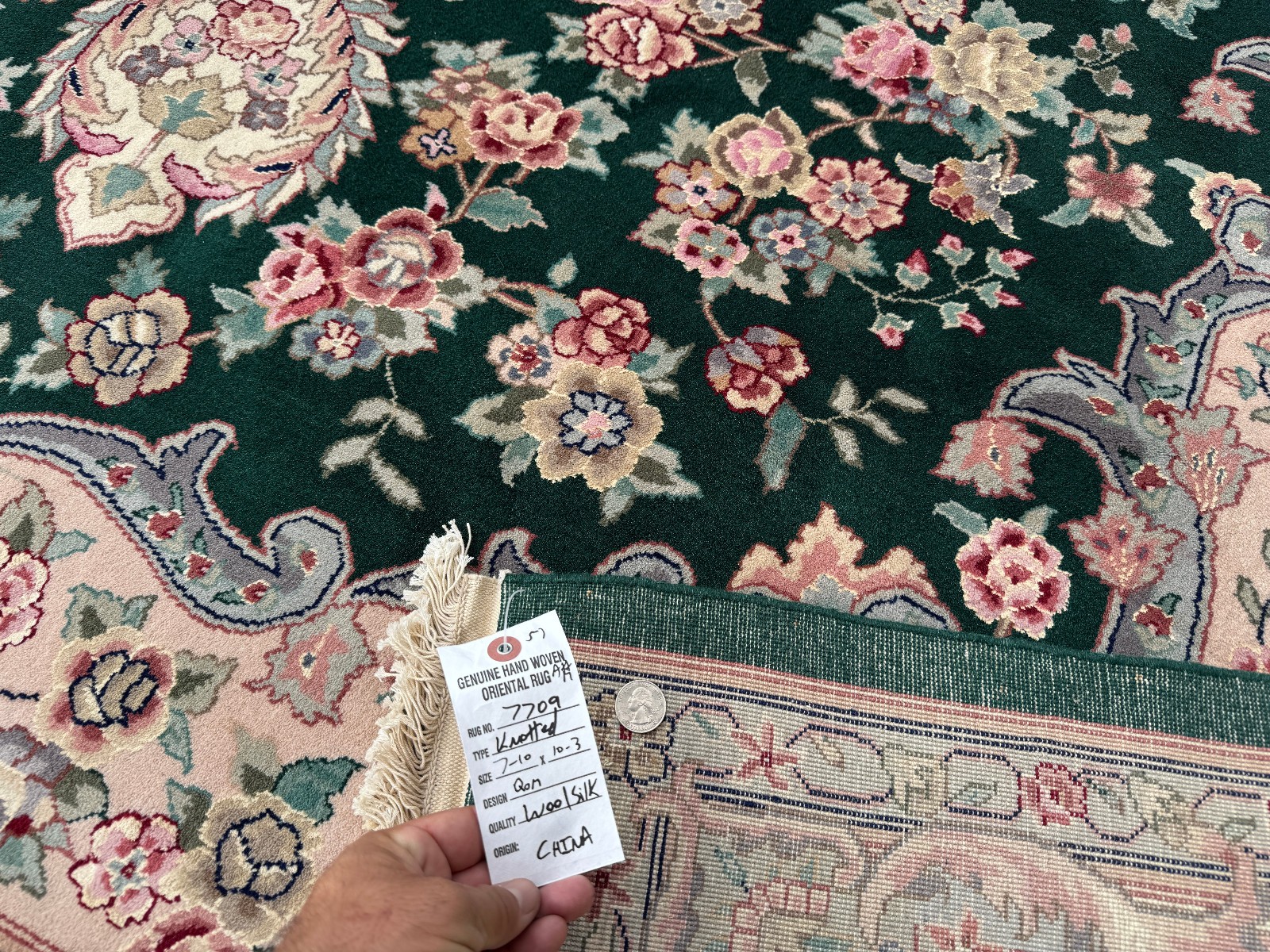 8×10 GREEN CHINESE VINTAGE RUG oriental pink big handmade antique fine wool silk