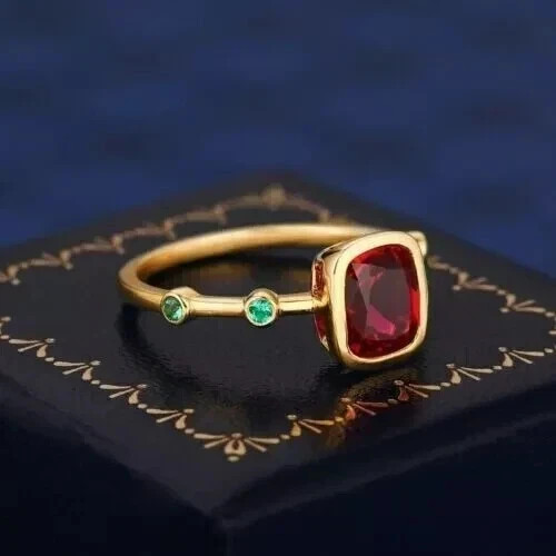 2Ct Cushion Cut Lab Created Ruby & Emerald Wedding Ring 14K Yellow Gold Plated
