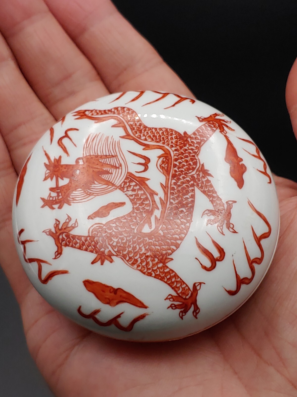 Antique Chinese Iron Red Glaze Porcelain Painted Dragon Artwork Seal Ink Pad Box