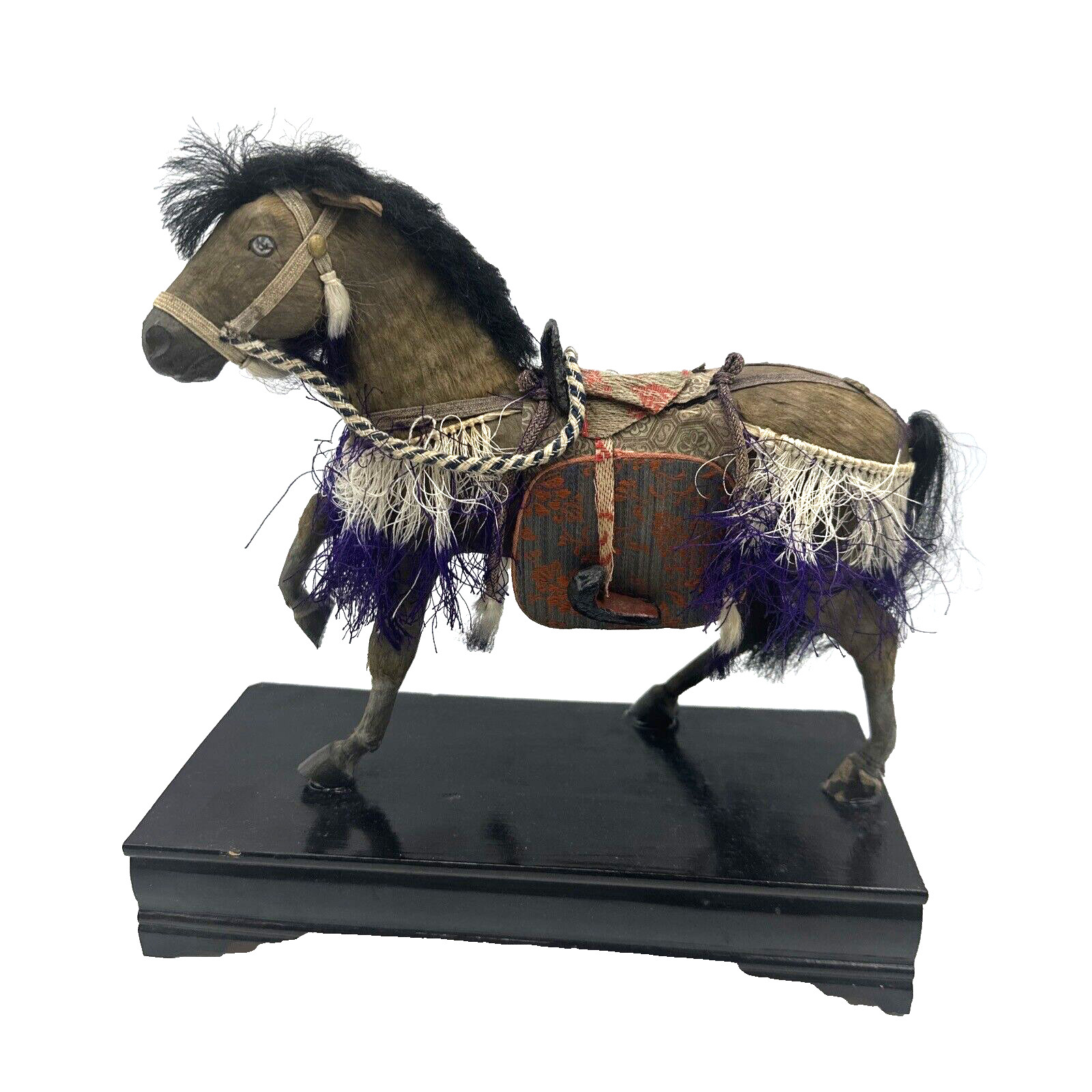 Antique Japanese Horse on Wood Stand Paper Mache Glass Eyes