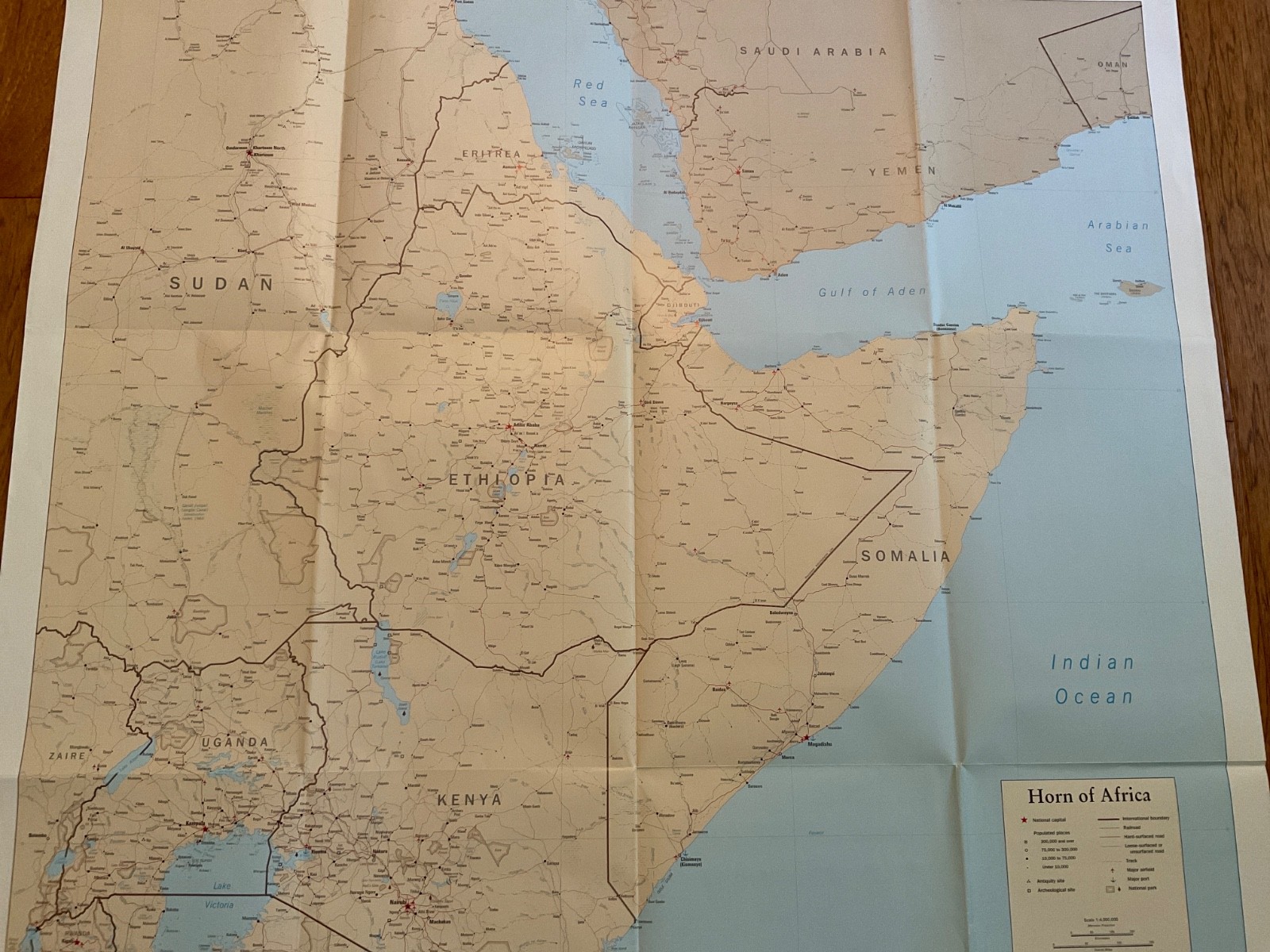 Large 2 Sided Map of The Horn Of Africa, 1994, 30 7/8 inches x 32 5/8 inches.