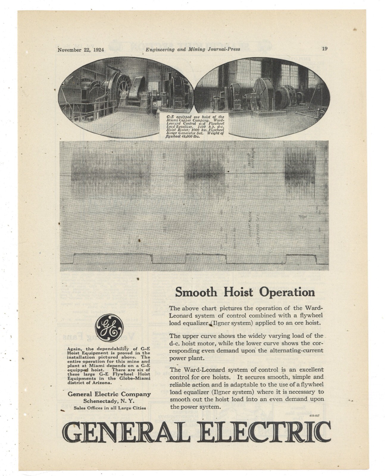 1924 General Electric Ad: Miami Copper Co. Hoist Equipment, Globe Miami, Arizona