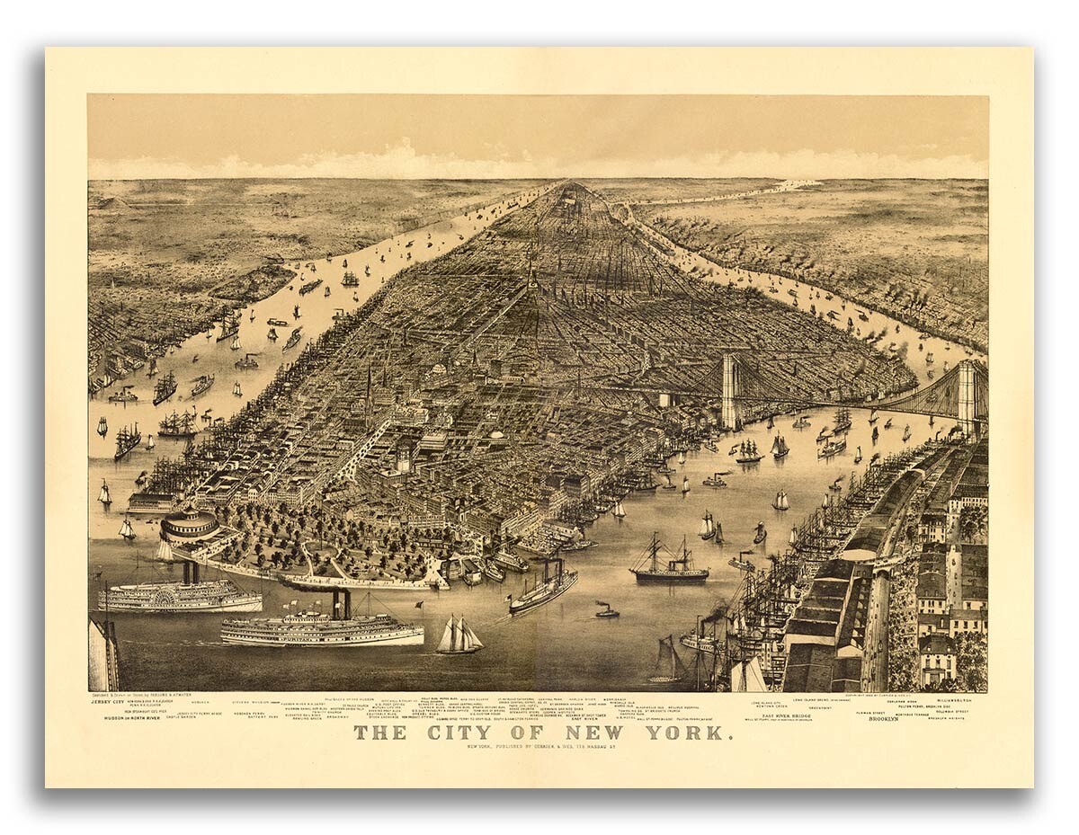 1889 New York City, New York Vintage Old Panoramic NY City Map – 18×24