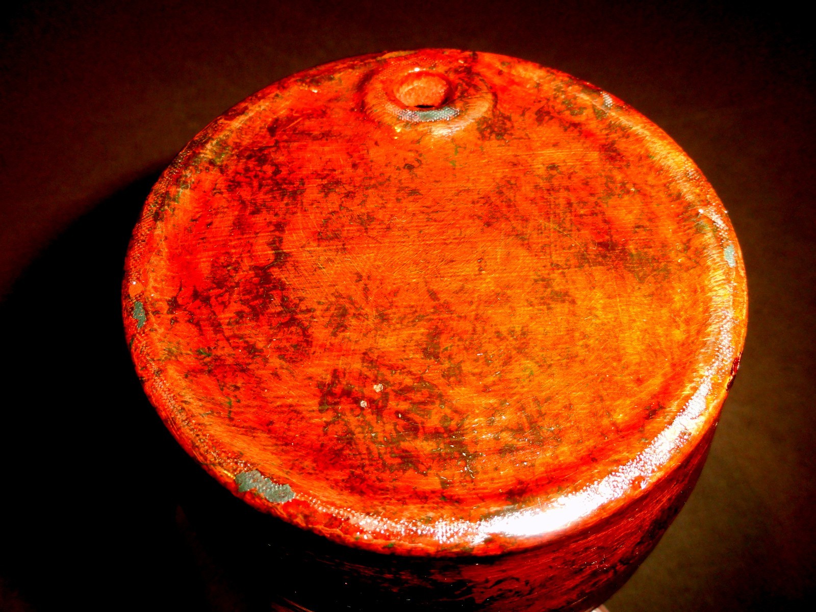 Rare 19th C. Sponge Decorated Redware Rundlet