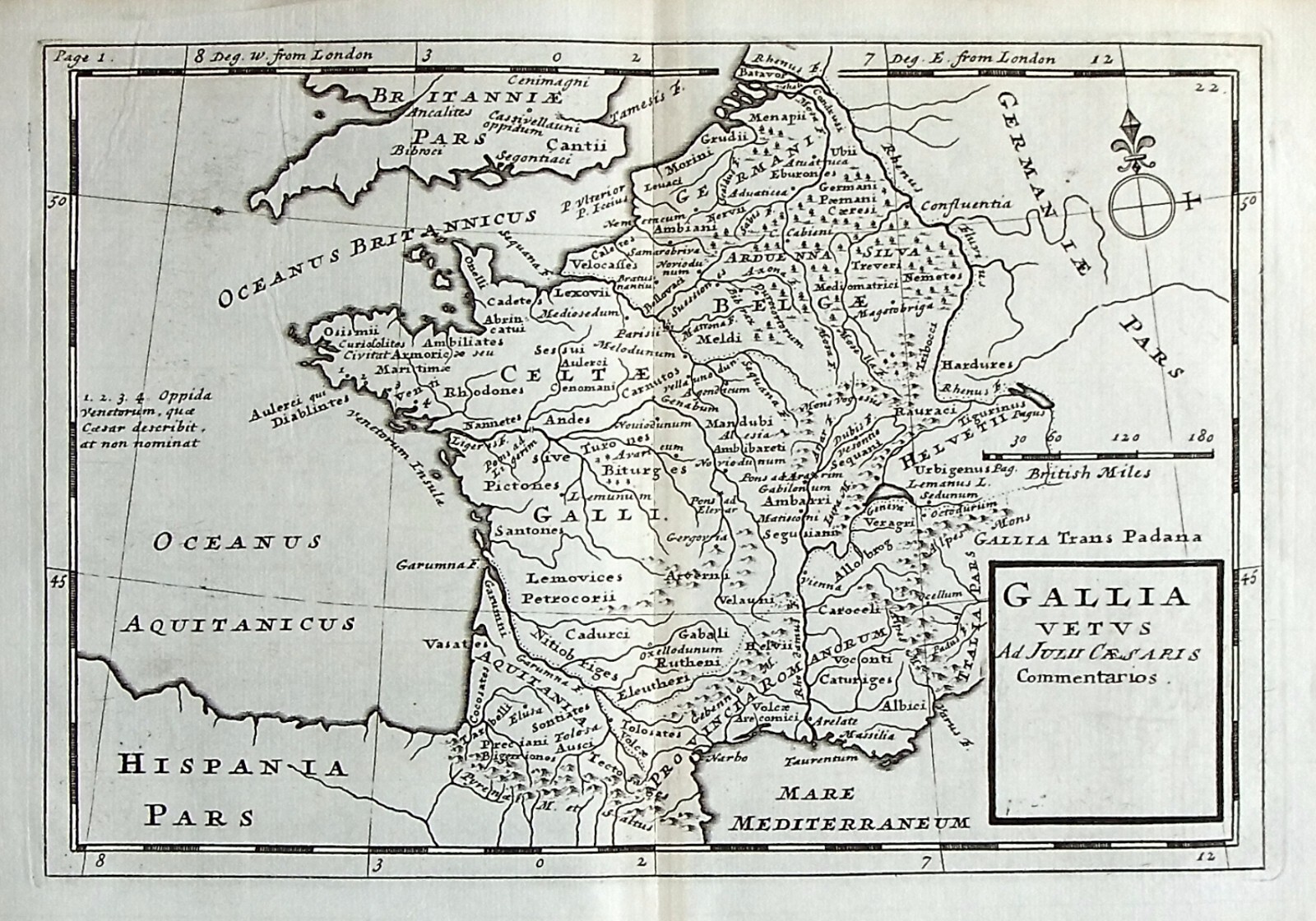 ANCIENT GAUL, GALLIA VETUS, ANCIENT FRANCE, original antique map, Moll, 1739