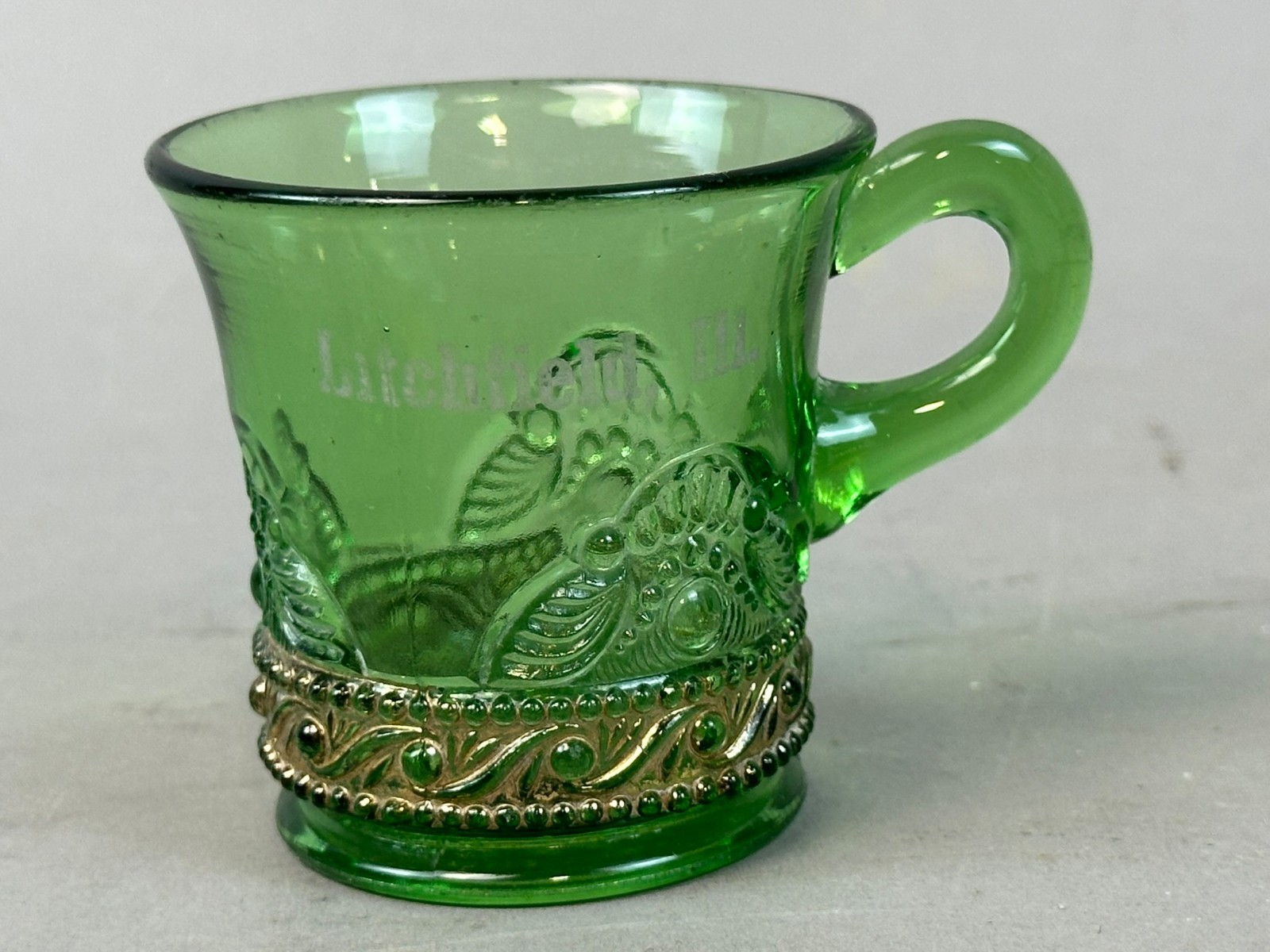 #773 Antique LITCHFIELD Illinois Green Depression Souvenir Glass COFFEE MUG CUP