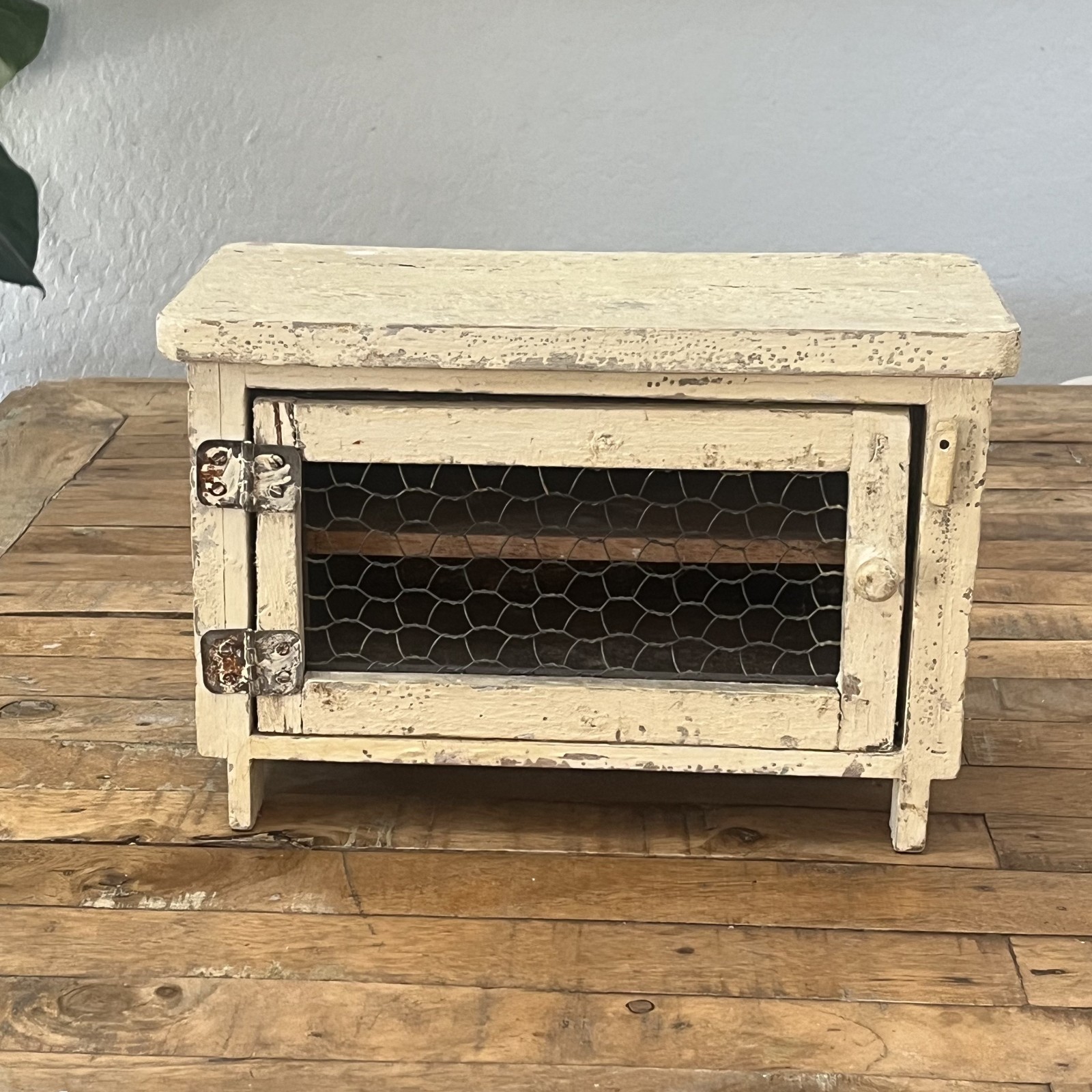 Antique Primitive Table Top Pie Safe Cabinet Chicken Wire Chippy Cottage core
