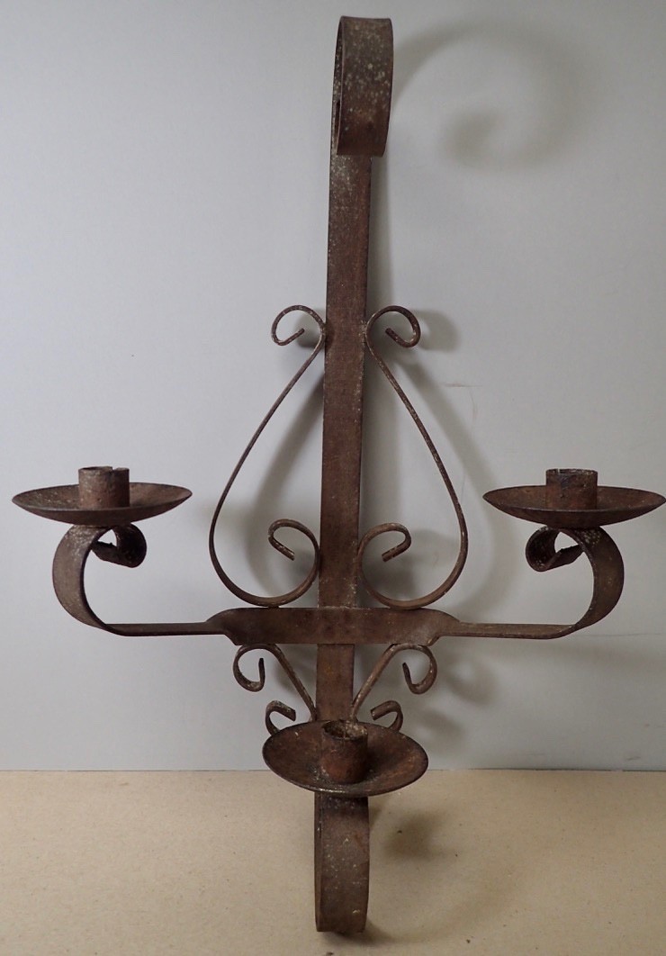 Antique Rusty Wrought Iron Candle Holder Sconce 3 Cup Primitive Original 1800s