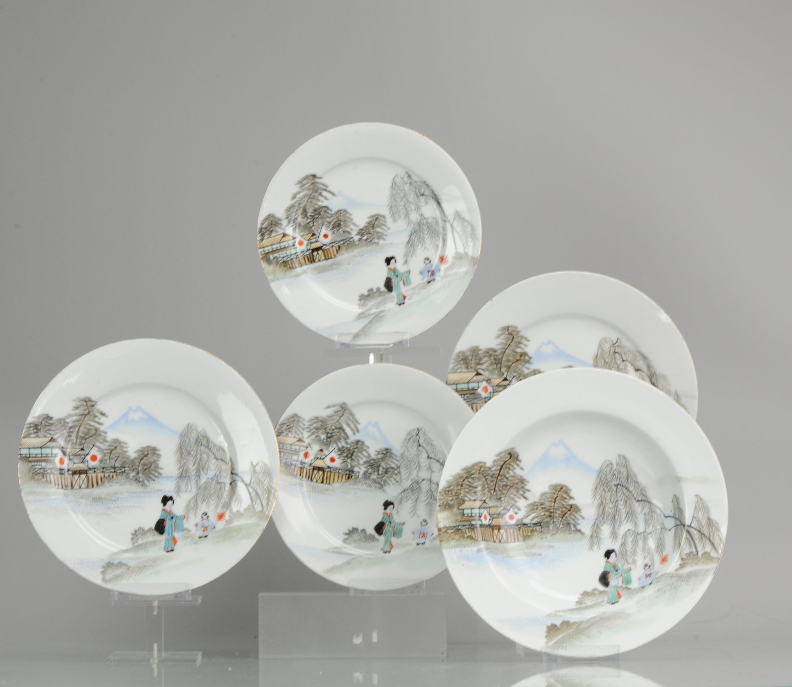 #5 Pieces set 1920-1940 Japanese Porcelain Plates Hand Painted Taisho/Sh…