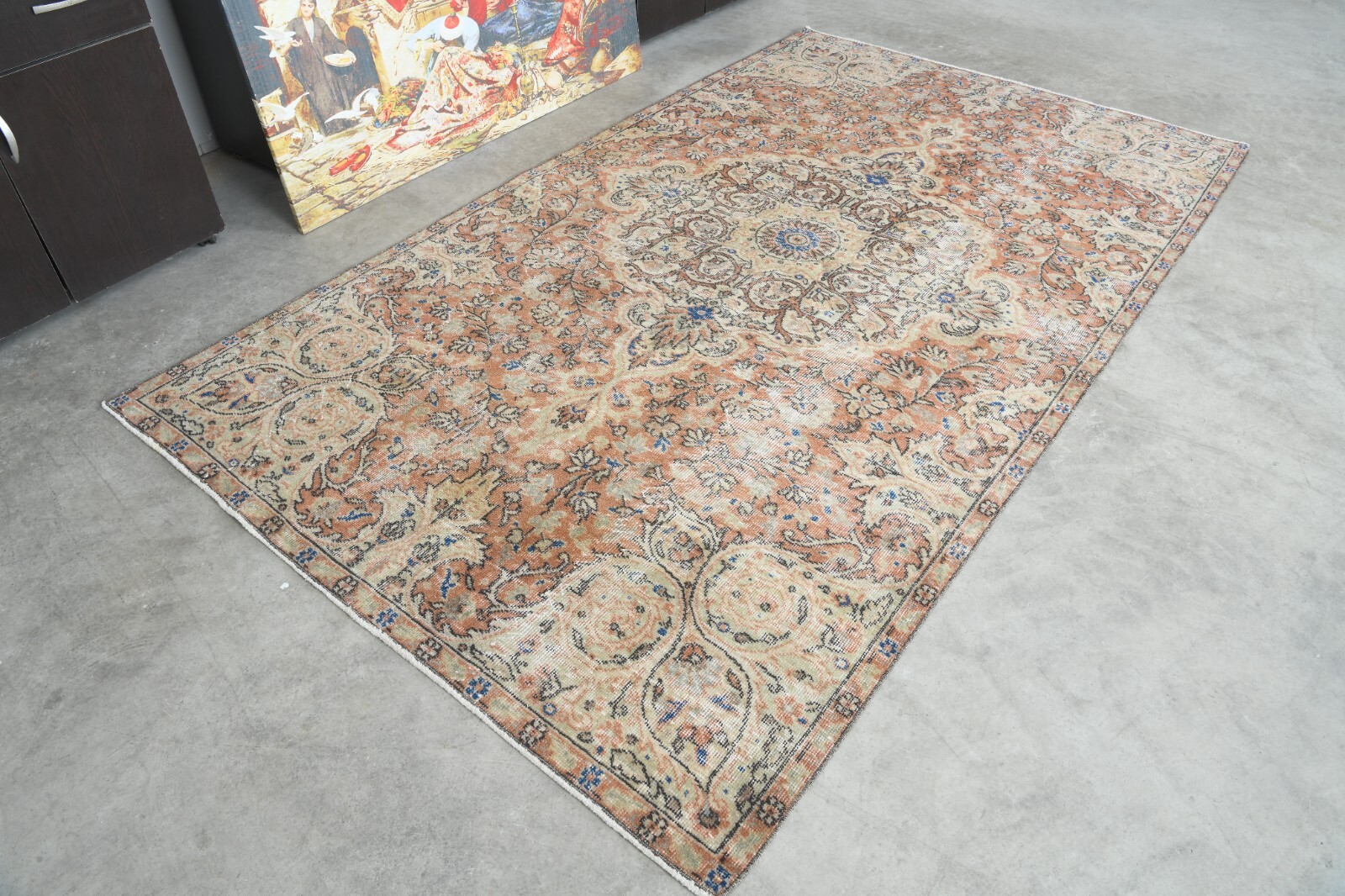 Antique turkish rug, hand-knotted vintage carpet, oushak muted area rug 5×8 859