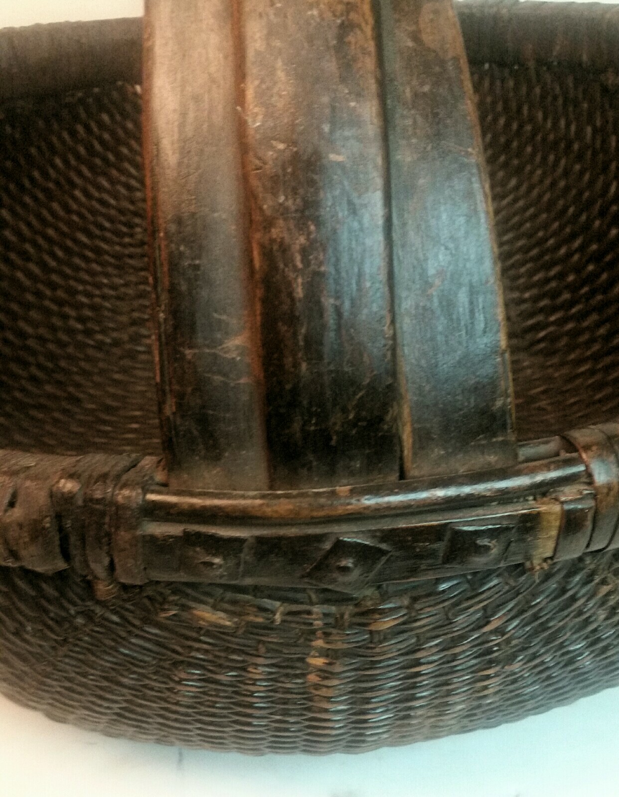 Large antique chinese 3 handle wicker basket 20″ diameter
