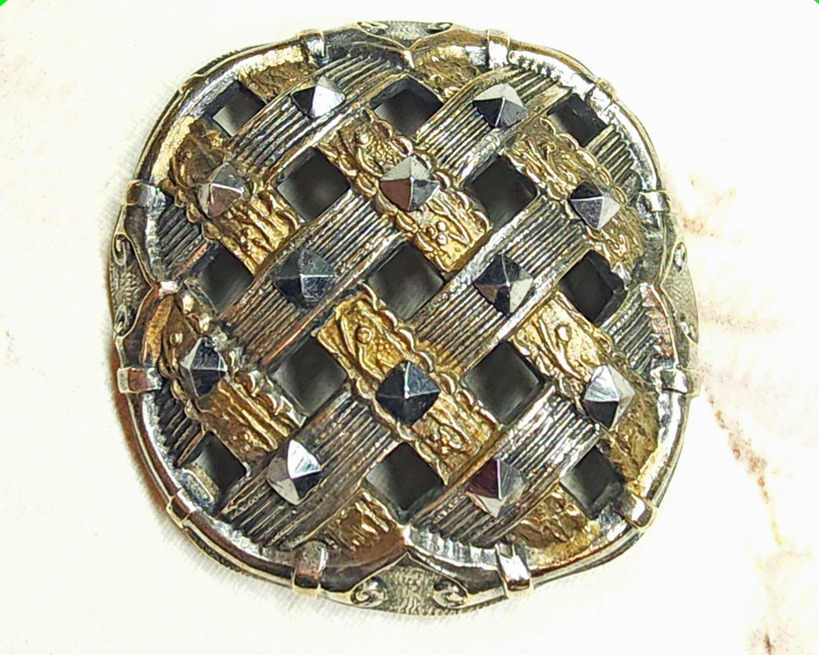 Large Antique Pierced Brass Button ~ Interlaced Basketweave Lattice & Cut Steels