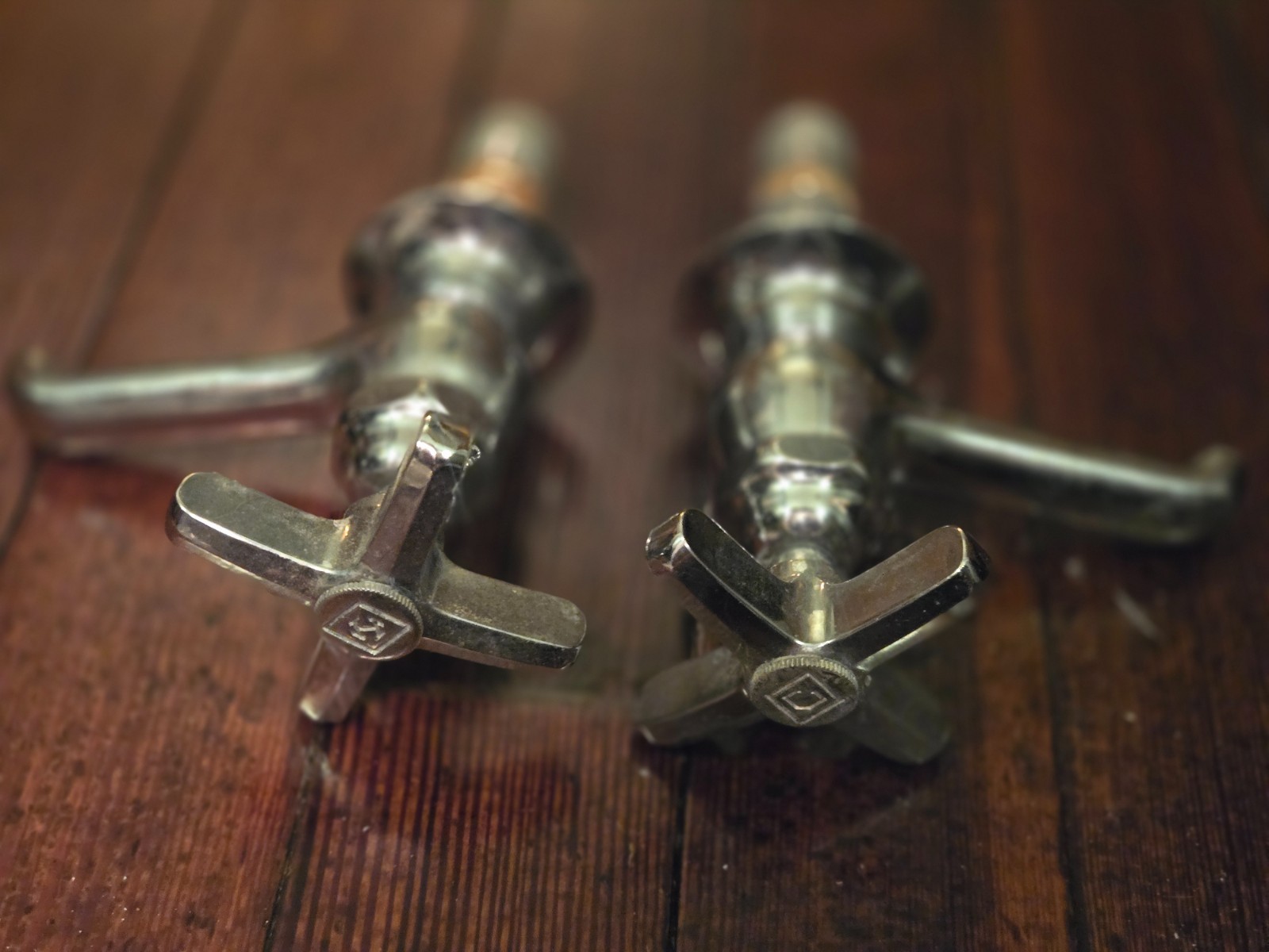 Antique Pair of Brass Hot & Cold Farmhouse Sink Faucets w/ Cross Handles