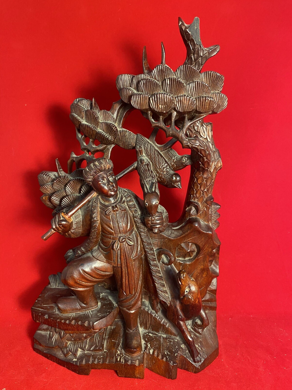 Vintage Chinese Wood Carving Hand Made Intricate Detailed 12.5″ Statue Hunter