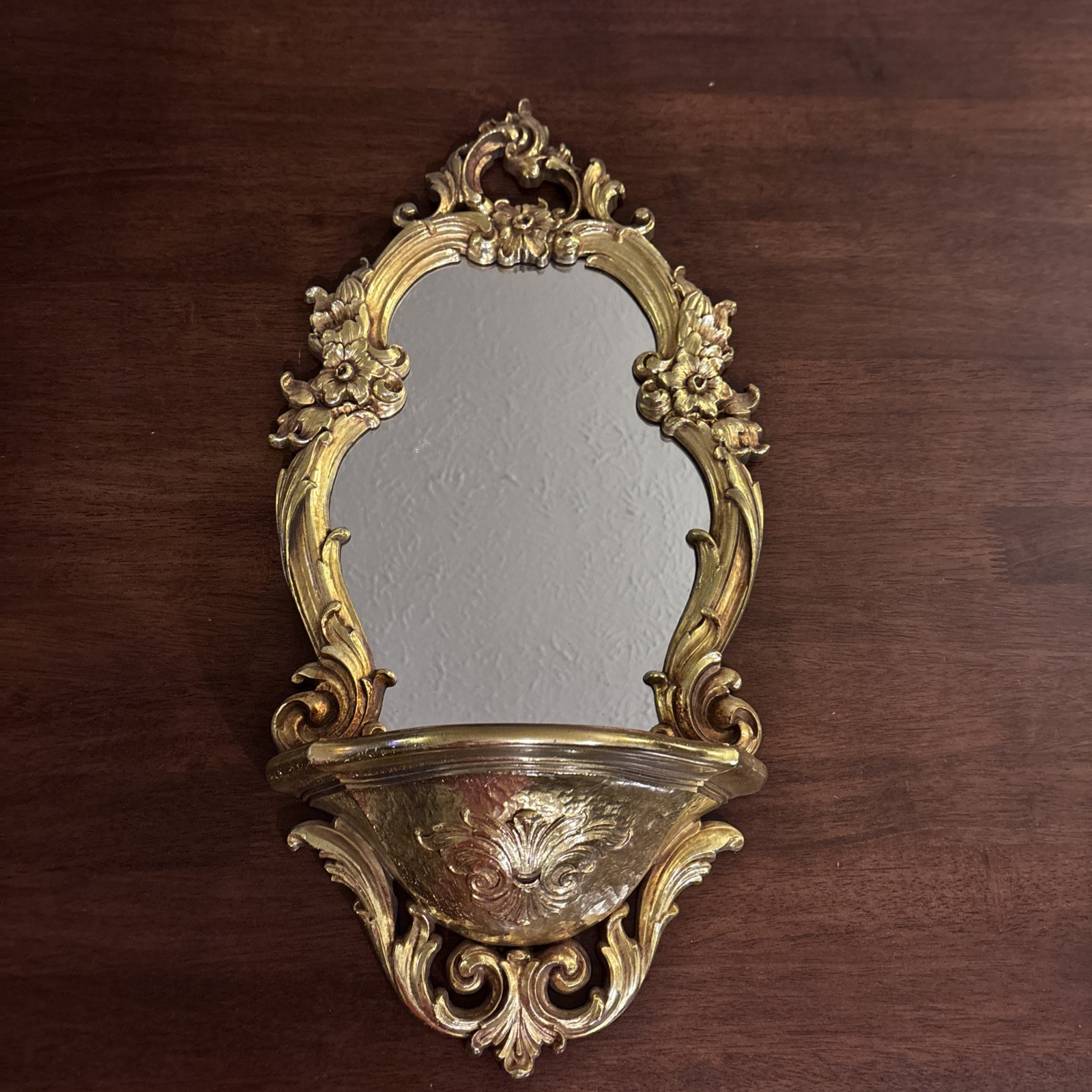 Antique Gold Rococo Arched Wall Mirror with Shelf and Decorative Frame