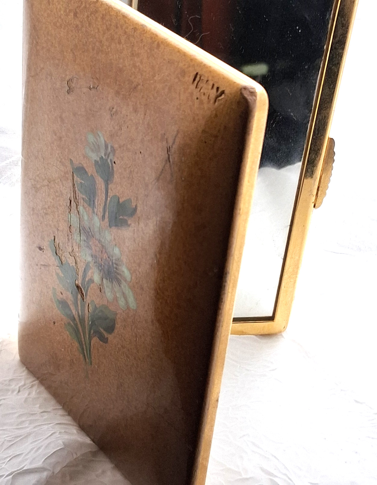 Vtg Italian Tole Lacquered Wood Folding Double Mirror Hand Painted Daisies, 4×6