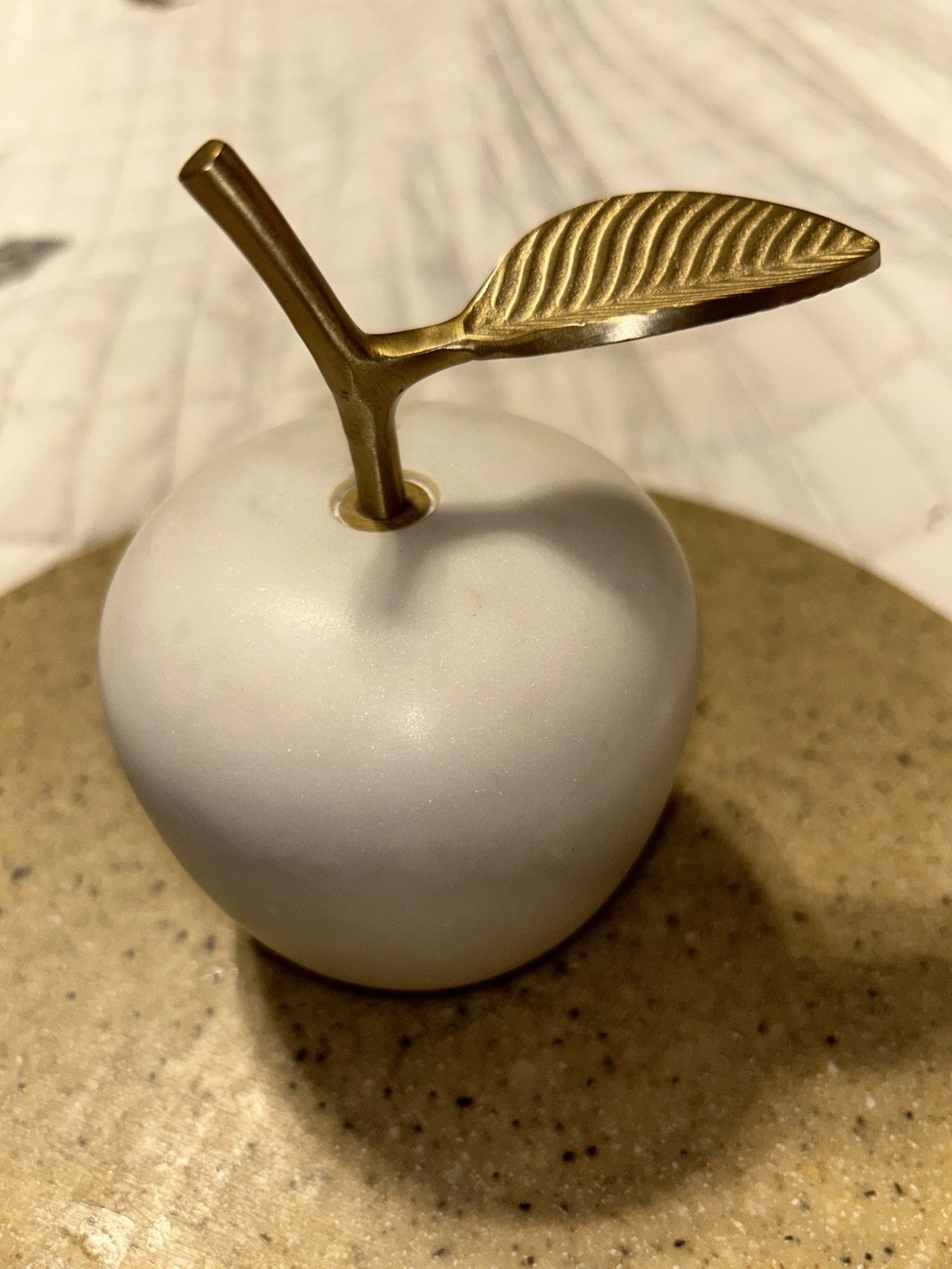 Anthropology white/gray Swirl solid marble and brass apple Leaf Paper Weight
