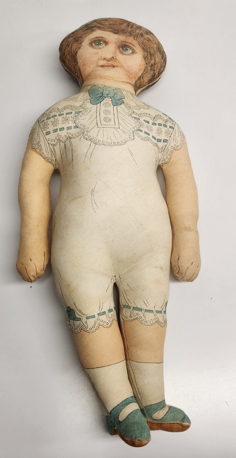 Antique Art Fabric Mills Printed Lithograph Cloth Doll 19” Blue White Free Ship