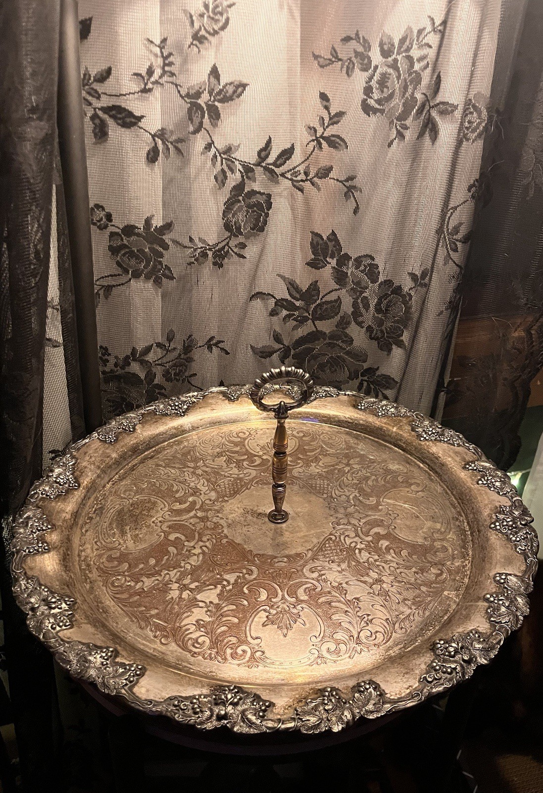 Antique 1800s Ornate Silver Over Copper Spinning Platter Sheffield Silverplate
