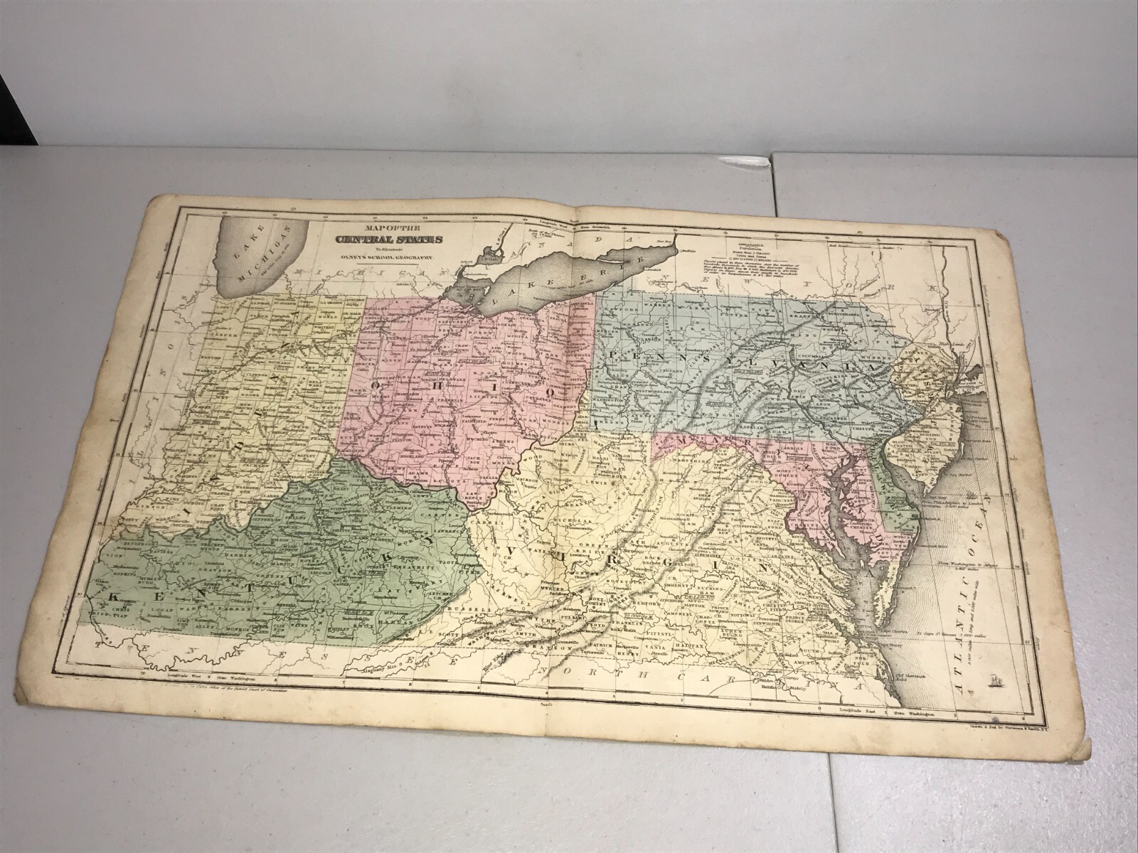 1844 Antique Hand Colored Map Central United States Virginia Ohio Indiana PA DE