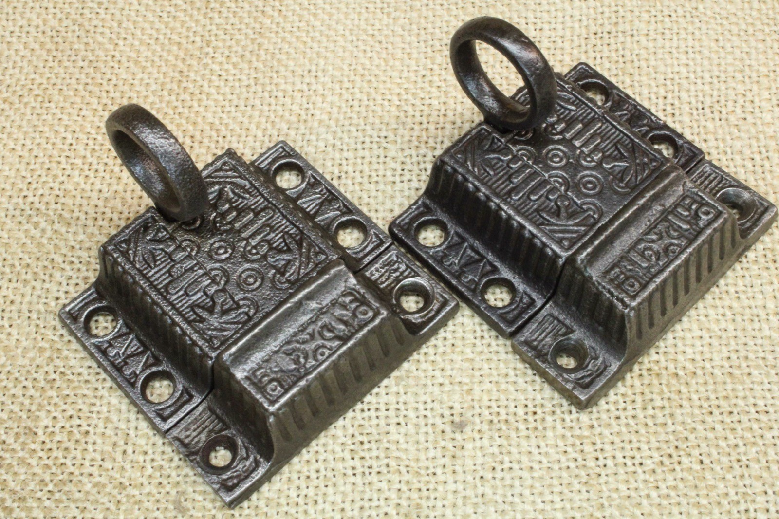 2 Old Cabinet Cupboard Latches Ring Pull Sash Lock Transom Windsor Restored Iron