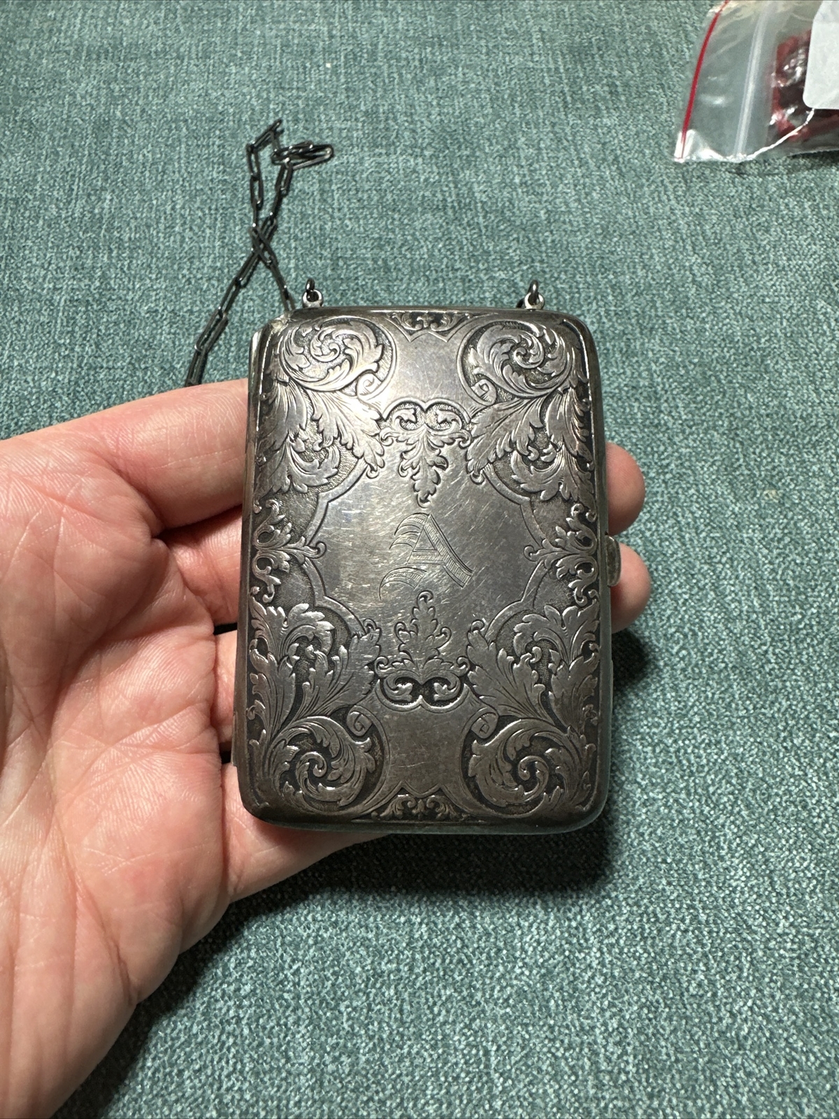 Antique Engraved Sterling Silver Mirror Card Coin Purse Compact Case