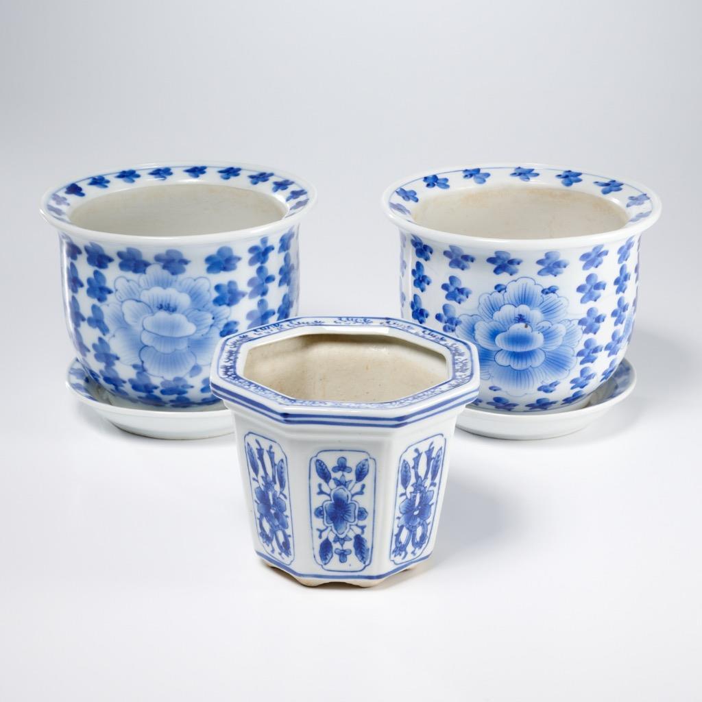 Chinese Small Blue White Jardiniere Flower Plant 3 Pots 2 Saucers Mixed 5pc Lot