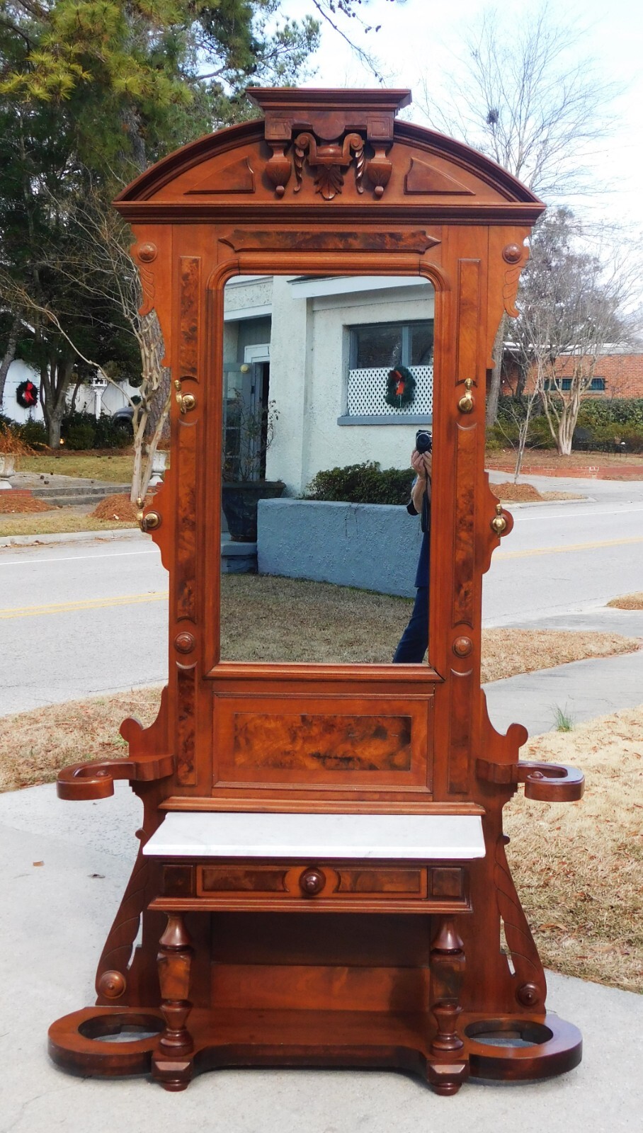 Marble Top Walnut Victorian Hall Tree/Etagere