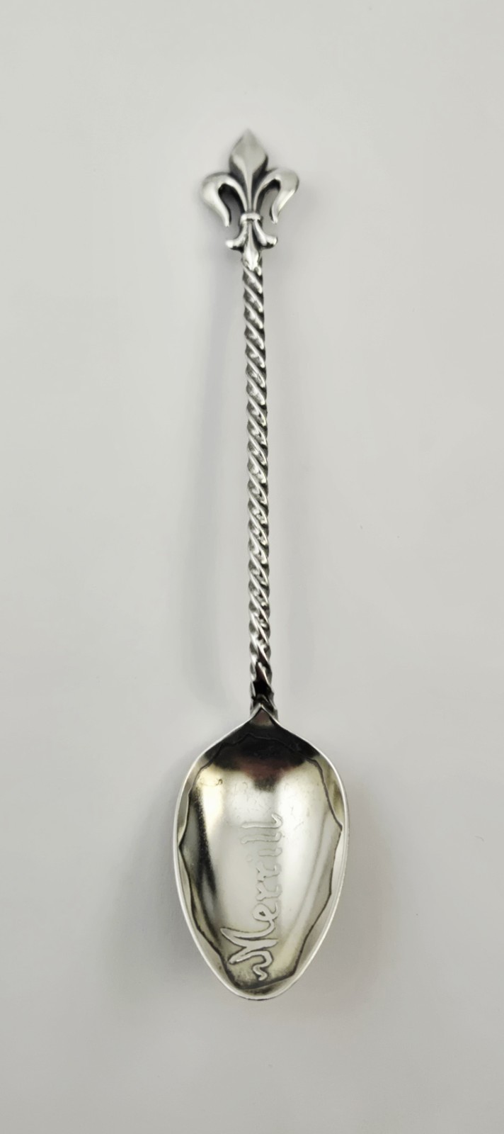 Vintage Sterling Silver Demitasse Spoon Fleur de Lis Twisted Handle “Merrill” 7g