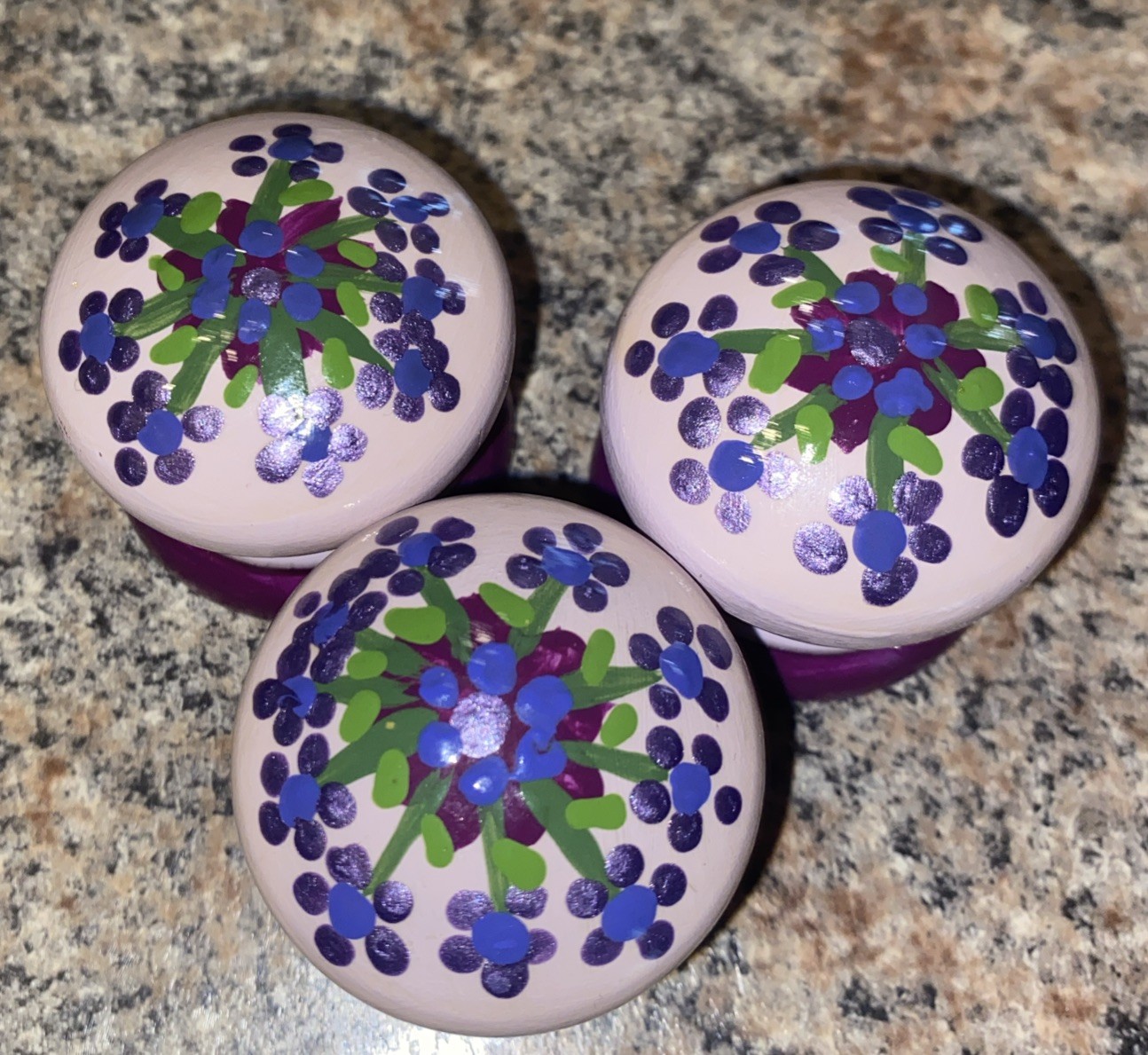 Wood drawer pulls/knobs set of 3 hand painted Lavender & Purple 1 1/4” NEW