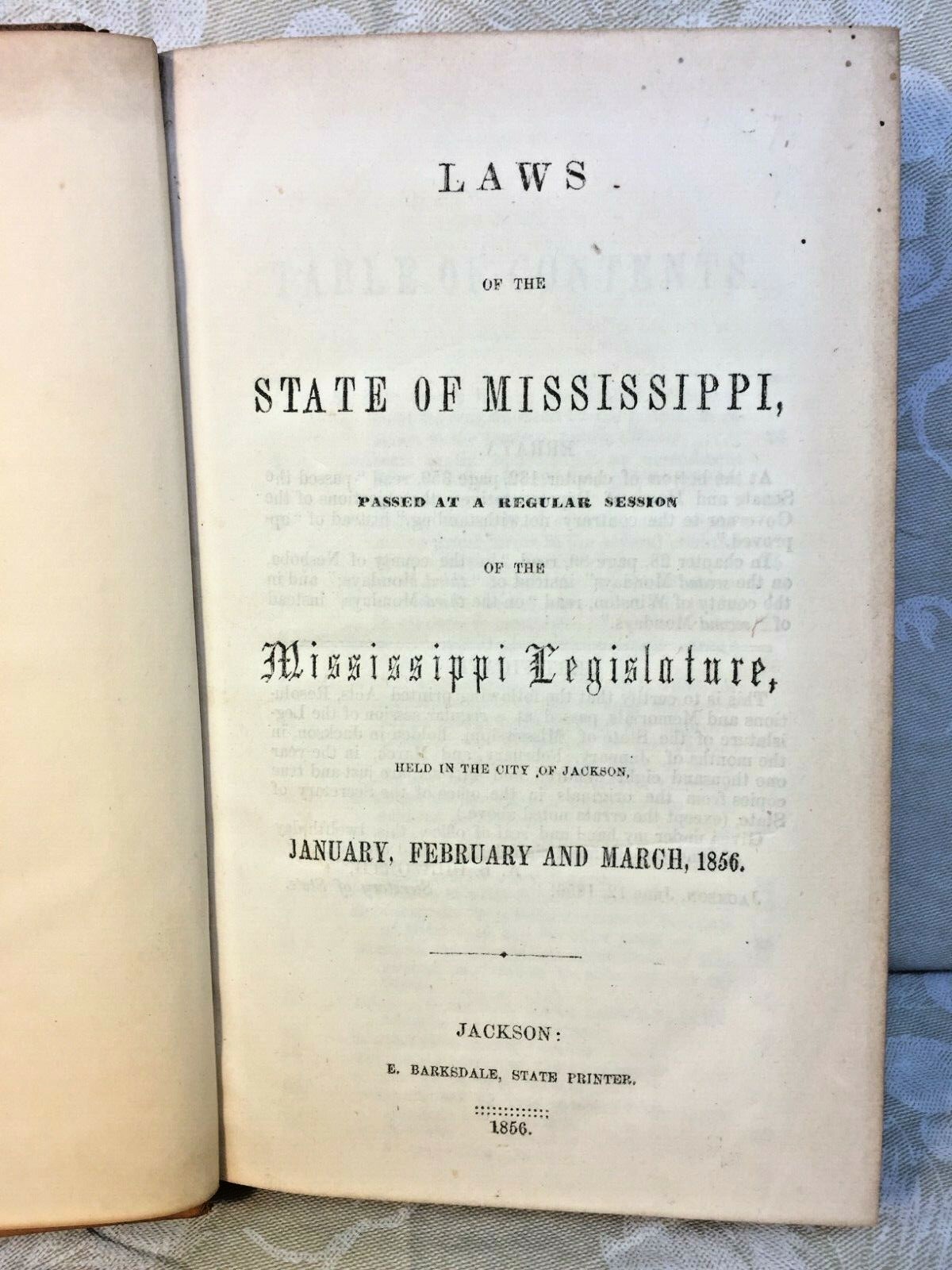 Laws of the State of Mississippi January thru March 1856 Leather Bound ME State