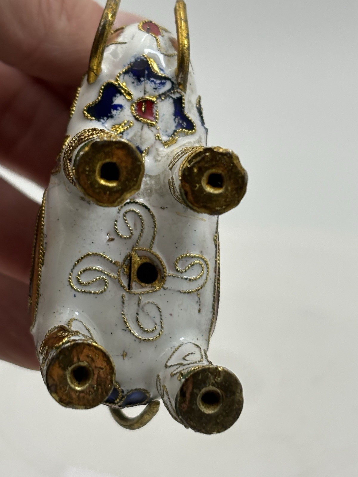Vtg Miniature White Elephant Figurine Chinese Cloissone Enamel Gold Accents