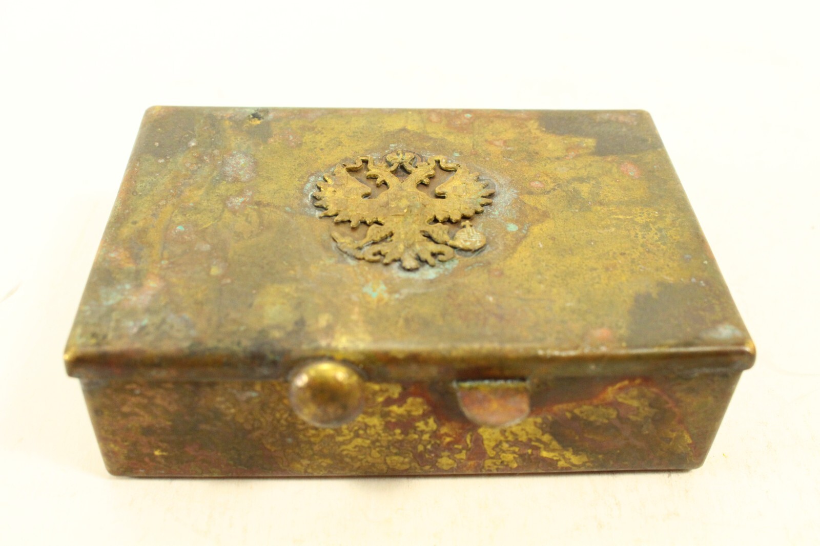 = 19th C. Brass Box w Imperial Russia Crowned Bicephalic Eagle