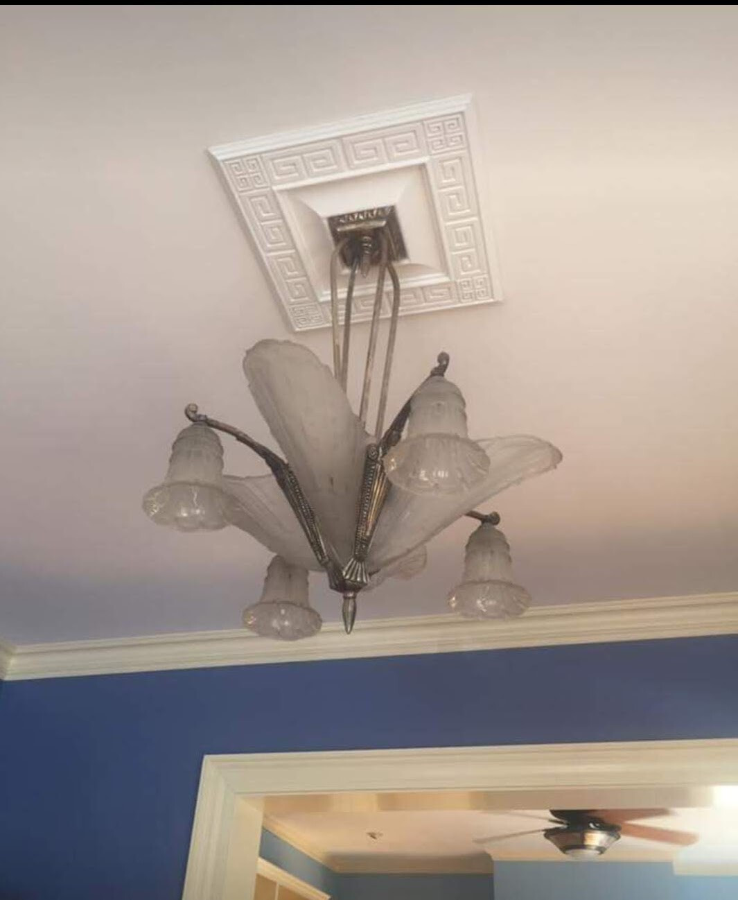 Art Deco (1930’s) EJG Chandelier w/Molded frosted glass Slip and tulip shades