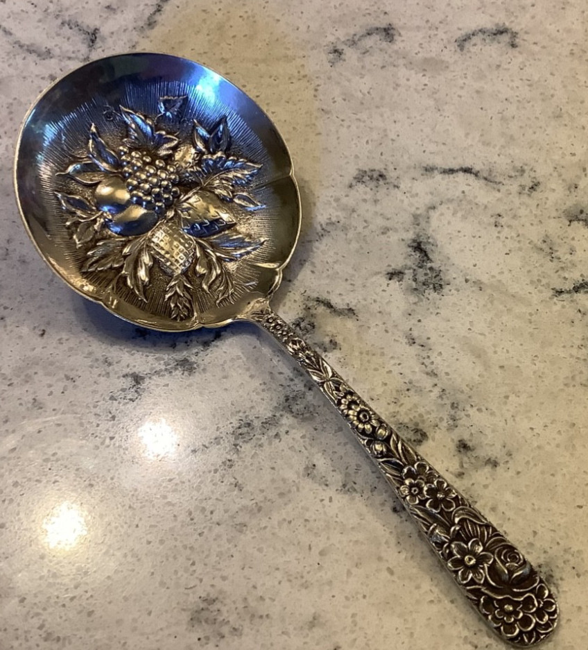 Vintage S. Kirk & Son REPOUSSE Sterling Silver Bon Bon Berry Spoon, 5 1/8”