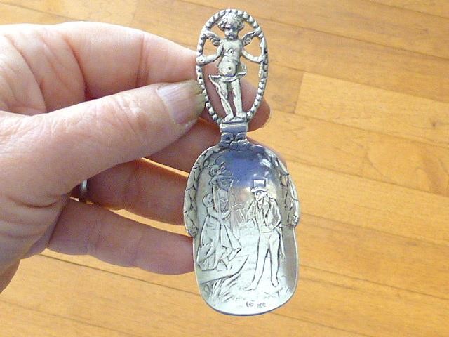 Victorian Lovers Couple Bowl Cupid Cherub Handle 800 Silver Tea Caddy Spoon Vint