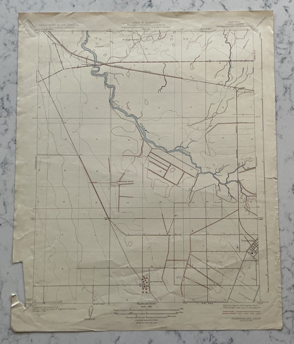 VINTAGE TRANQUILLITY CALIFORNIA GEOLOGICAL SURVEY TOPOGRAPHICAL MAP 1924 USGS