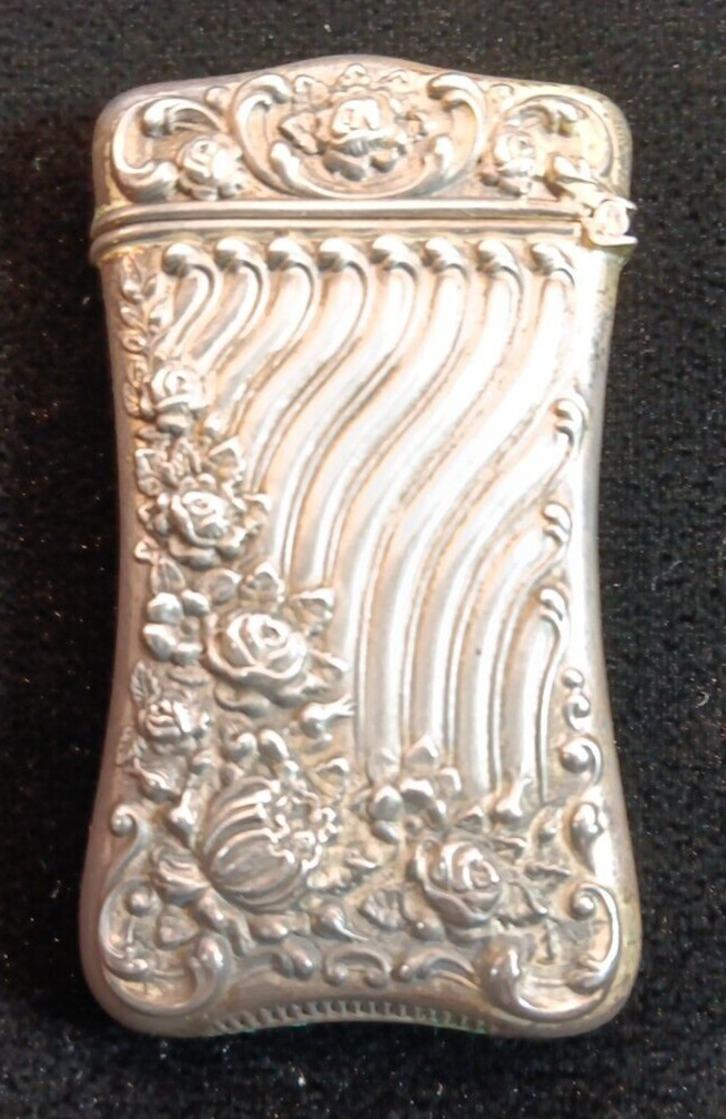Antique Art Nouveau Sterling Silver Match Safe Holder Floral Roses