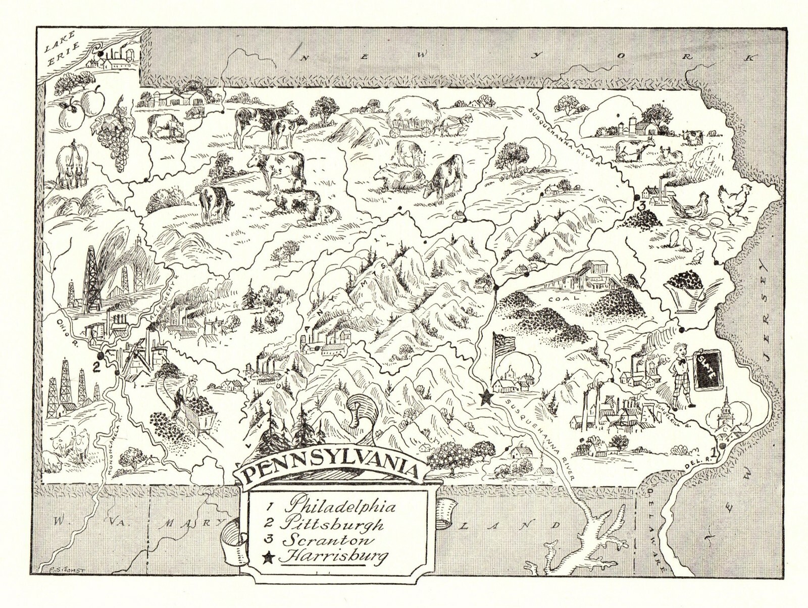 1950s Pennsylvania State Picture Map Animated Pennsylvania Picture Map BW 8055