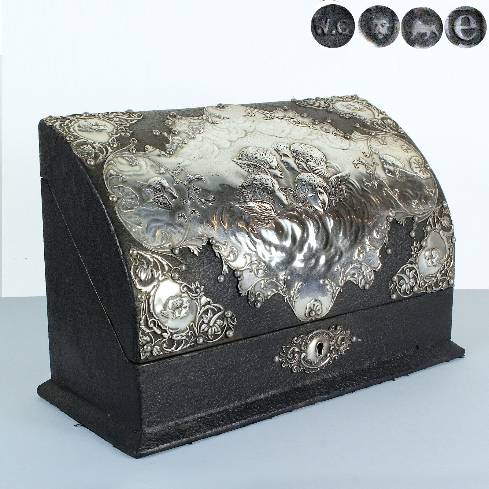 Antique Silver and Leather Letter Holder Desk Document Holder
